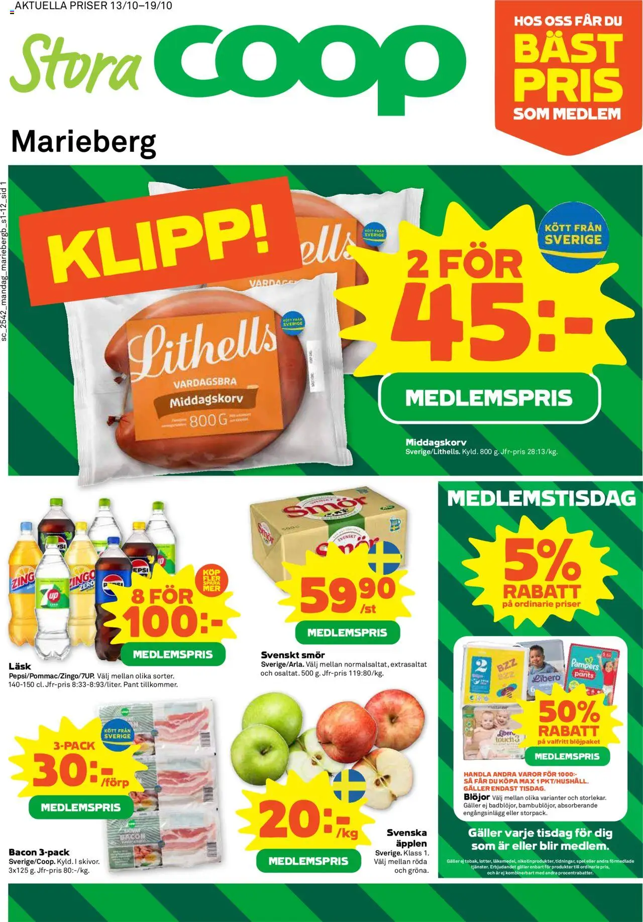 Örebro är giltig 13/10 2025 > Veckans Erbjudanden gäller från 13/10/2025 till 19/10/2025 sidnummer 1 - Äpplen, Spel, Smör, Kött, Bacon, Galler, Blöjor