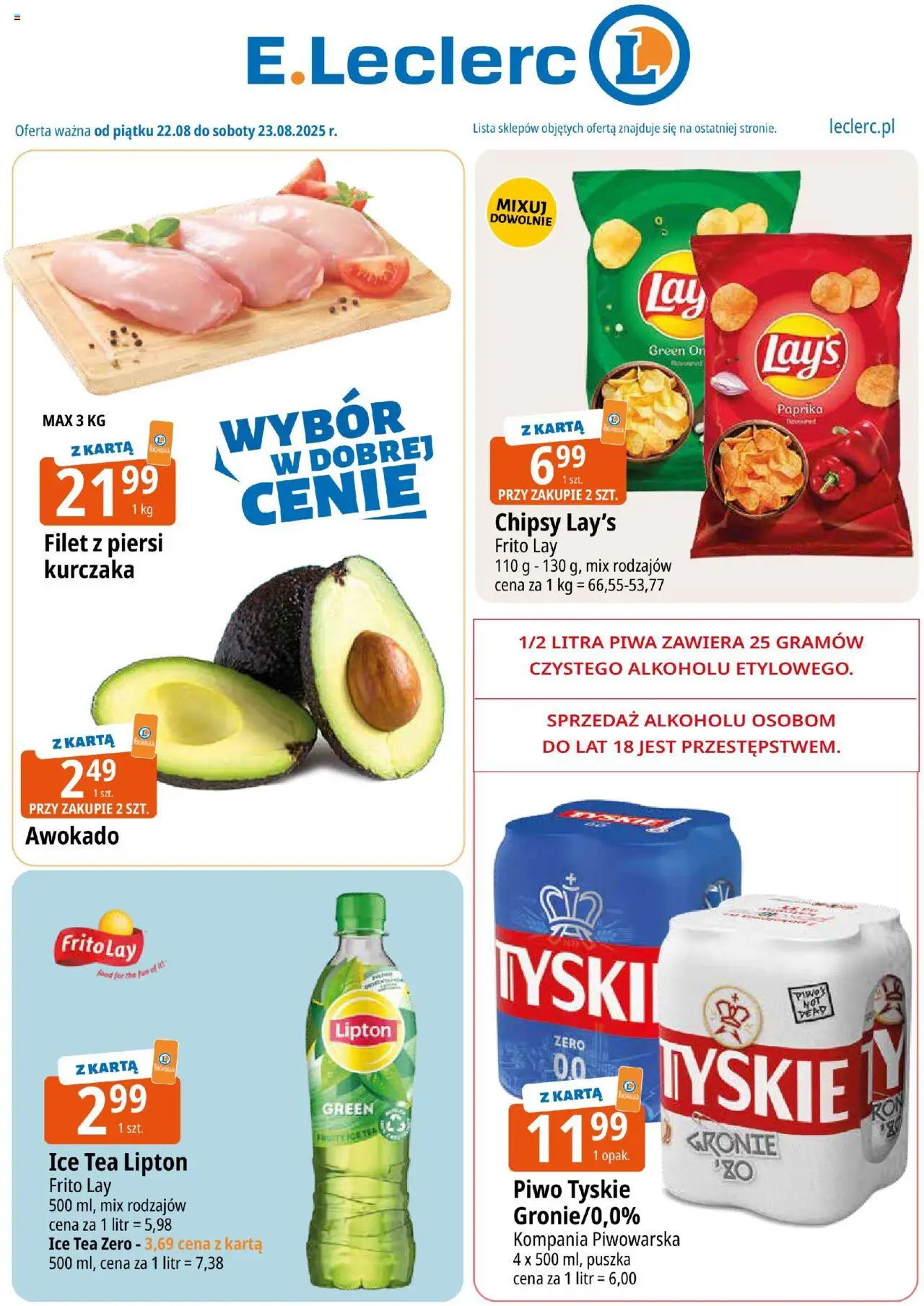 E.Leclerc Zielona Góra od 22.08.2025 - Nowa Gazetka - Numer strony 1 - Piwo, Awokado, Chipsy, Piersi, Karta, Tyskie, Filet, Piwo tyskie