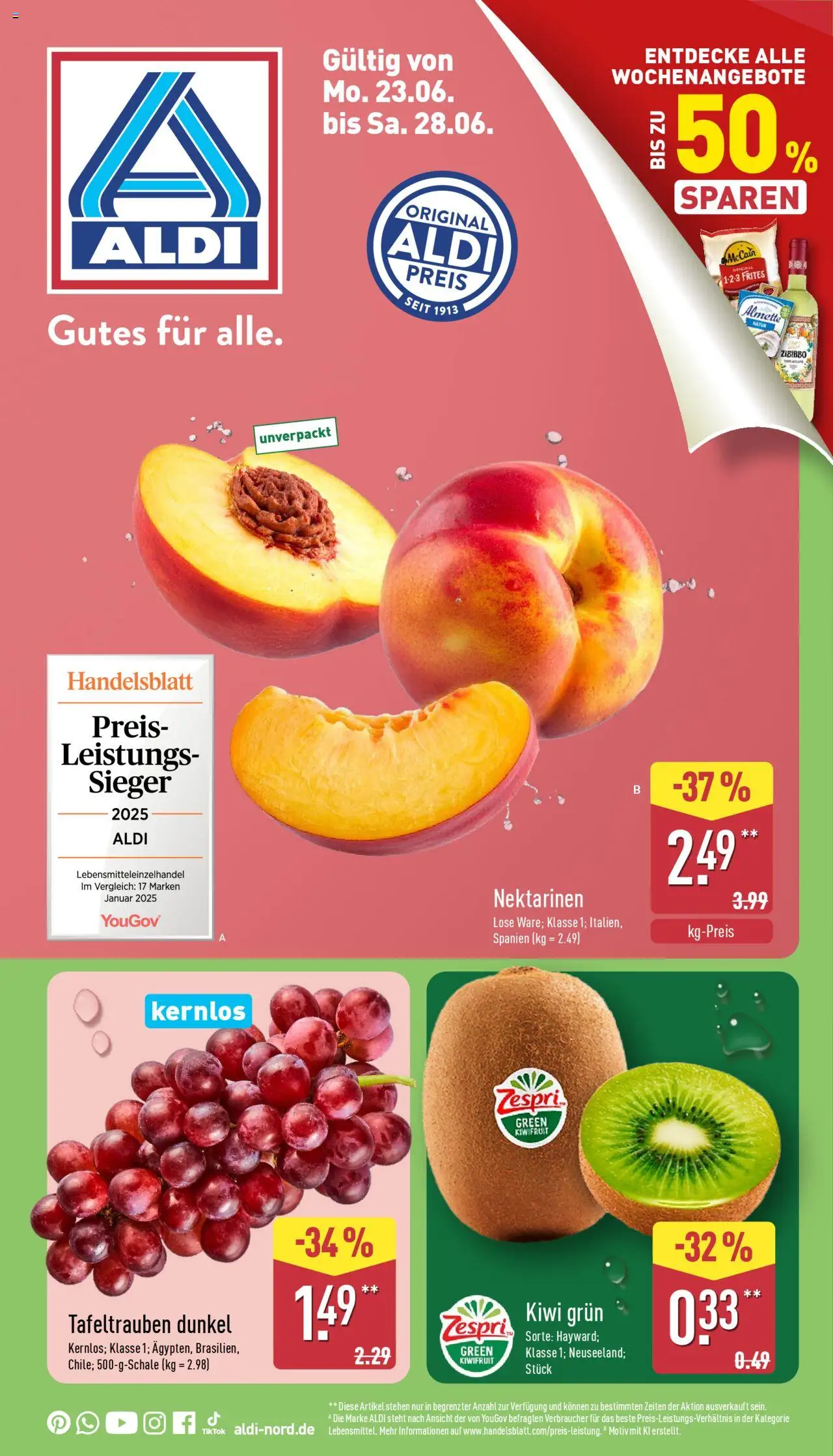 ALDI Prospekt ab 23.06.2025 zum Blättern: Prospekt - Kiwi, Nektarinen, McCain, Almette