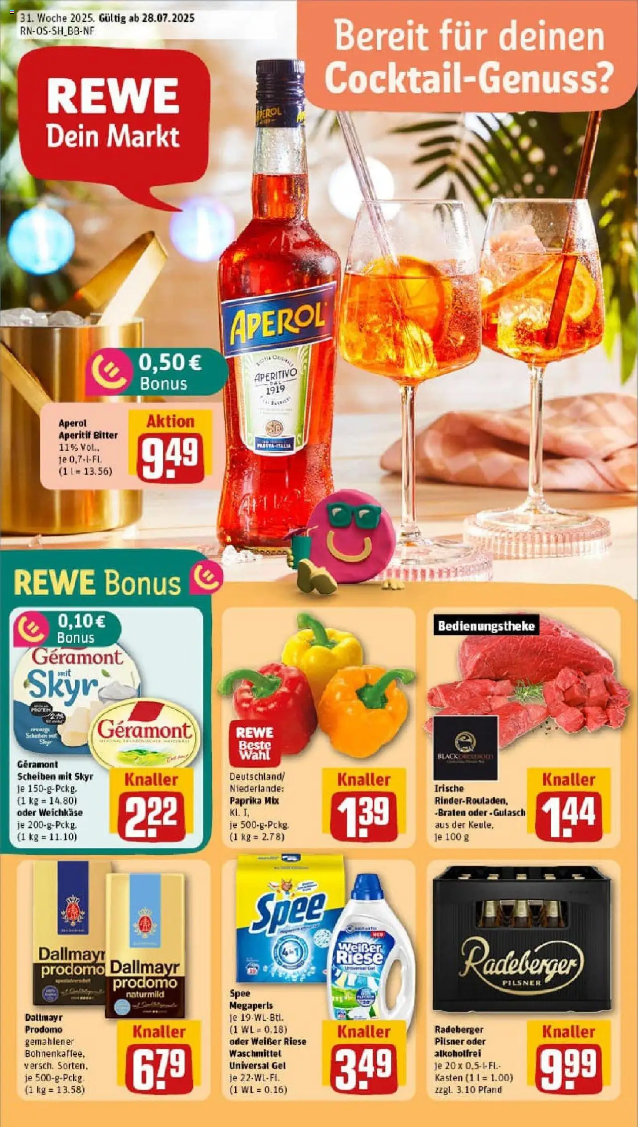 REWE Prospekt ab 27.07.2025 nächste Woche - Prospekt Chemnitz - Aperol, Gulasch, Spee, Skyr, Dallmayr, Paprika, Waschmittel, Geramont