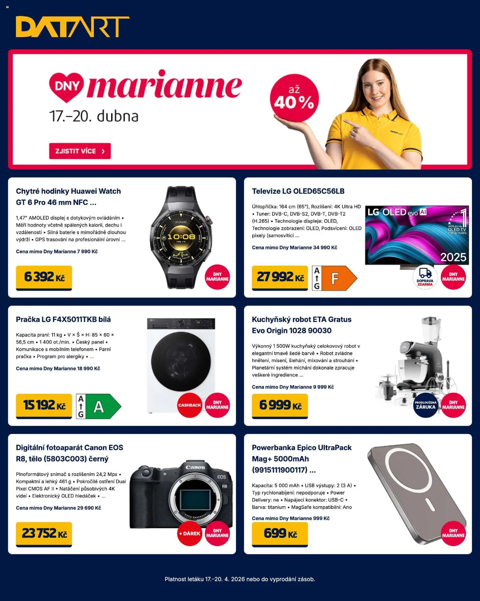 Náhled nabídky: Datart Datart leták platný od 17.04.2026 - Pračka, Chytré hodinky, Powerbanka, Tv, Fotoaparát, Robot, USB, Konektor