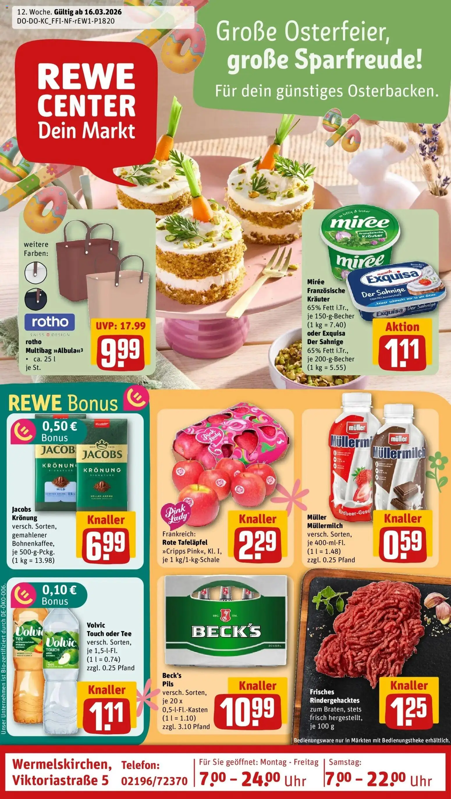 Vorschau von dem Prospekt des Geschäftes Rewe, gültig ab dem 15.03.2026 - Uhr, Telefon, Äpfel, Pfirsich, Müllermilch, Volvic, Pils, Volvic touch