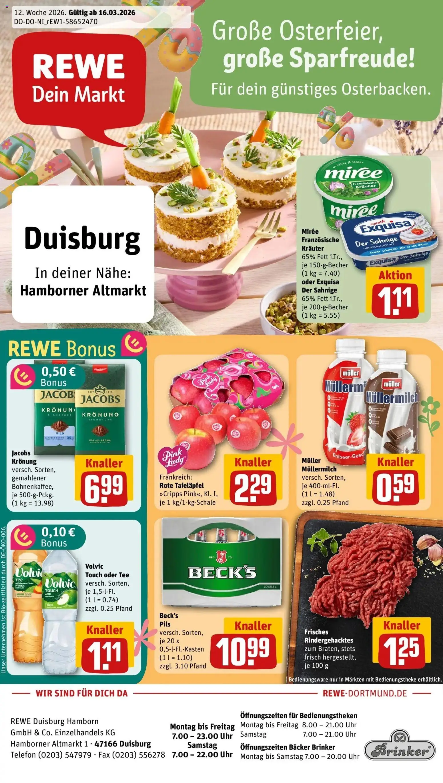 Vorschau von dem Prospekt des Geschäftes Rewe, gültig ab dem 15.03.2026 - Uhr, Äpfel, Tee, Pfirsich, Müllermilch, Volvic, Pils, Exquisa