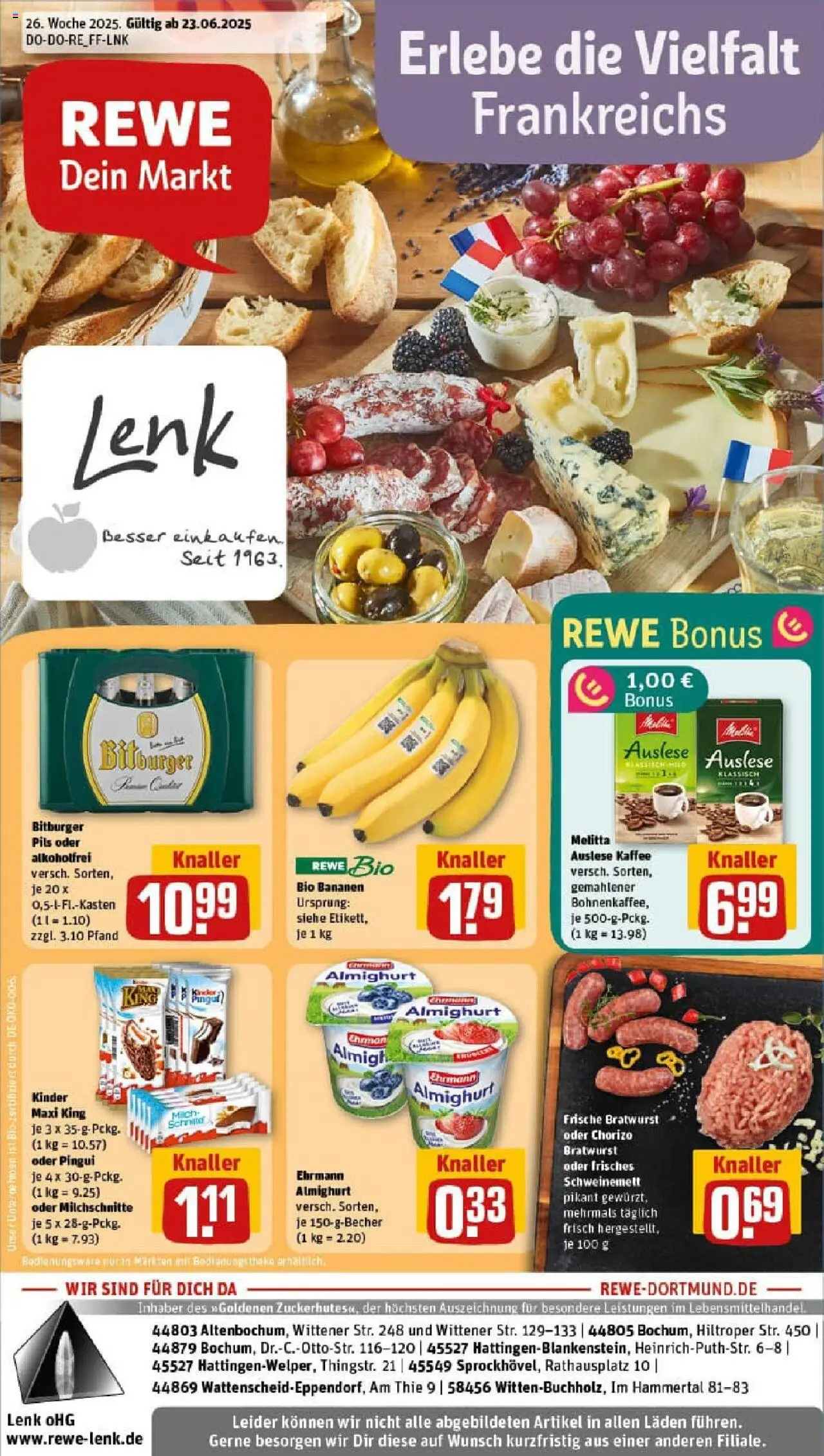REWE Prospekt ab 22.06.2025 nächste Woche - Prospekt Hattingen - Kaffee, Bratwurst, Bananen, Bitburger, Melitta, Theke, Pils, Ehrmann almighurt