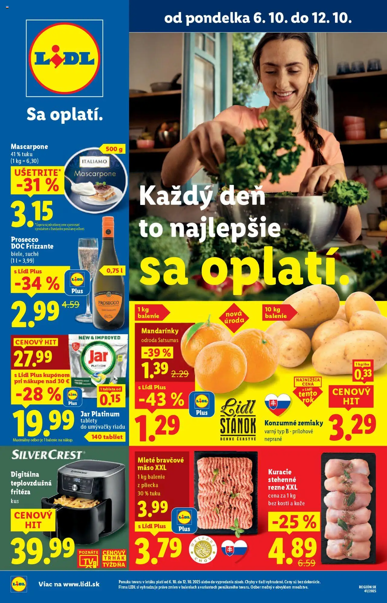 Náhľad Lidl letáku platného od 06.10.2025 - Teplovzdušná frítéza, Mäso, Prosecco, Jar, Mascarpone, Zemiaky, Bravčové mäso, Fritéza
