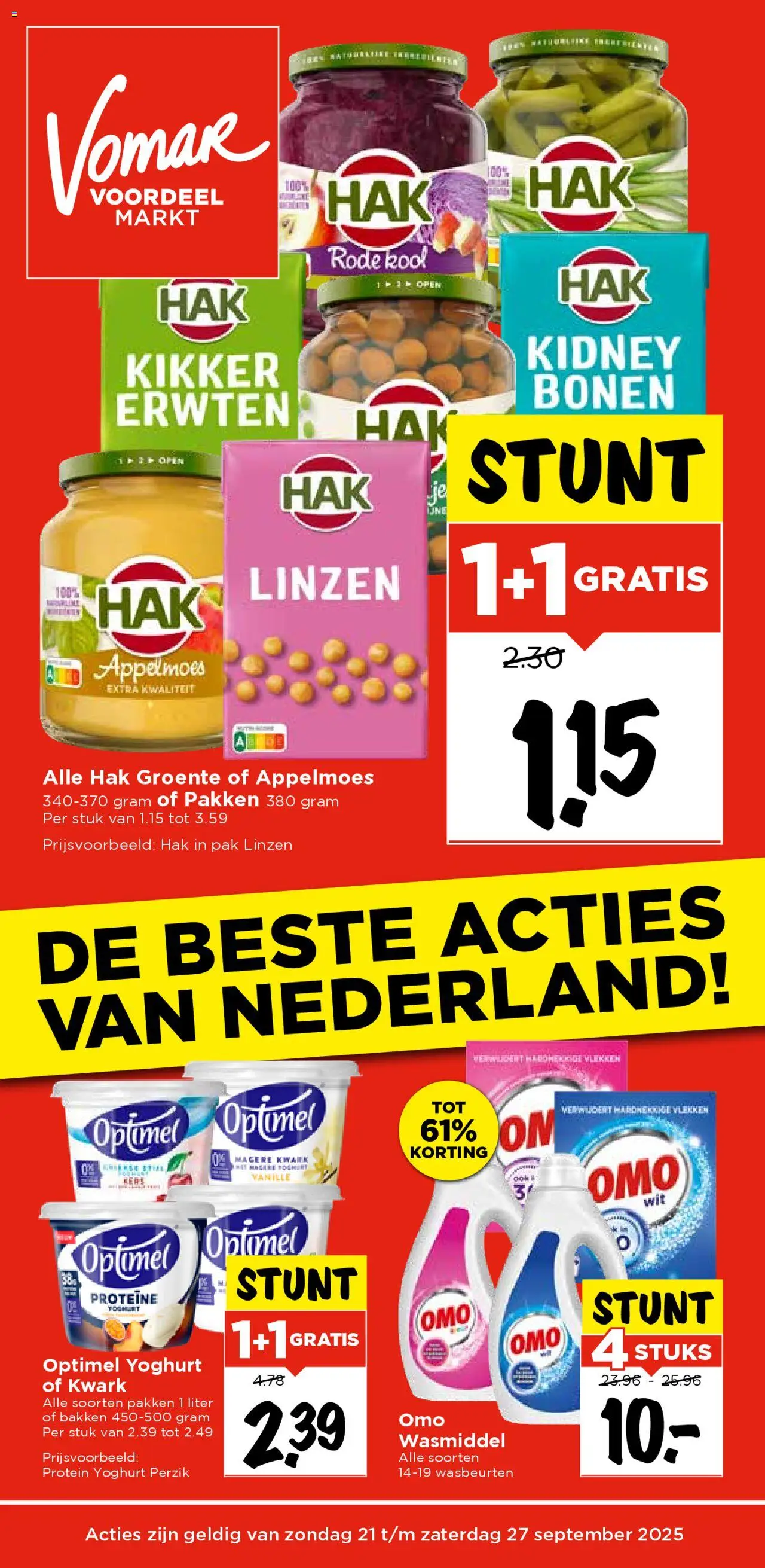Vomar shop Folder geldig vanaf 21-09-2025 - Paginanummer 1 - Wasmiddel, Yoghurt, Linzen, Kool, Magere kwark, Bonen, Appelmoes, Proteïne