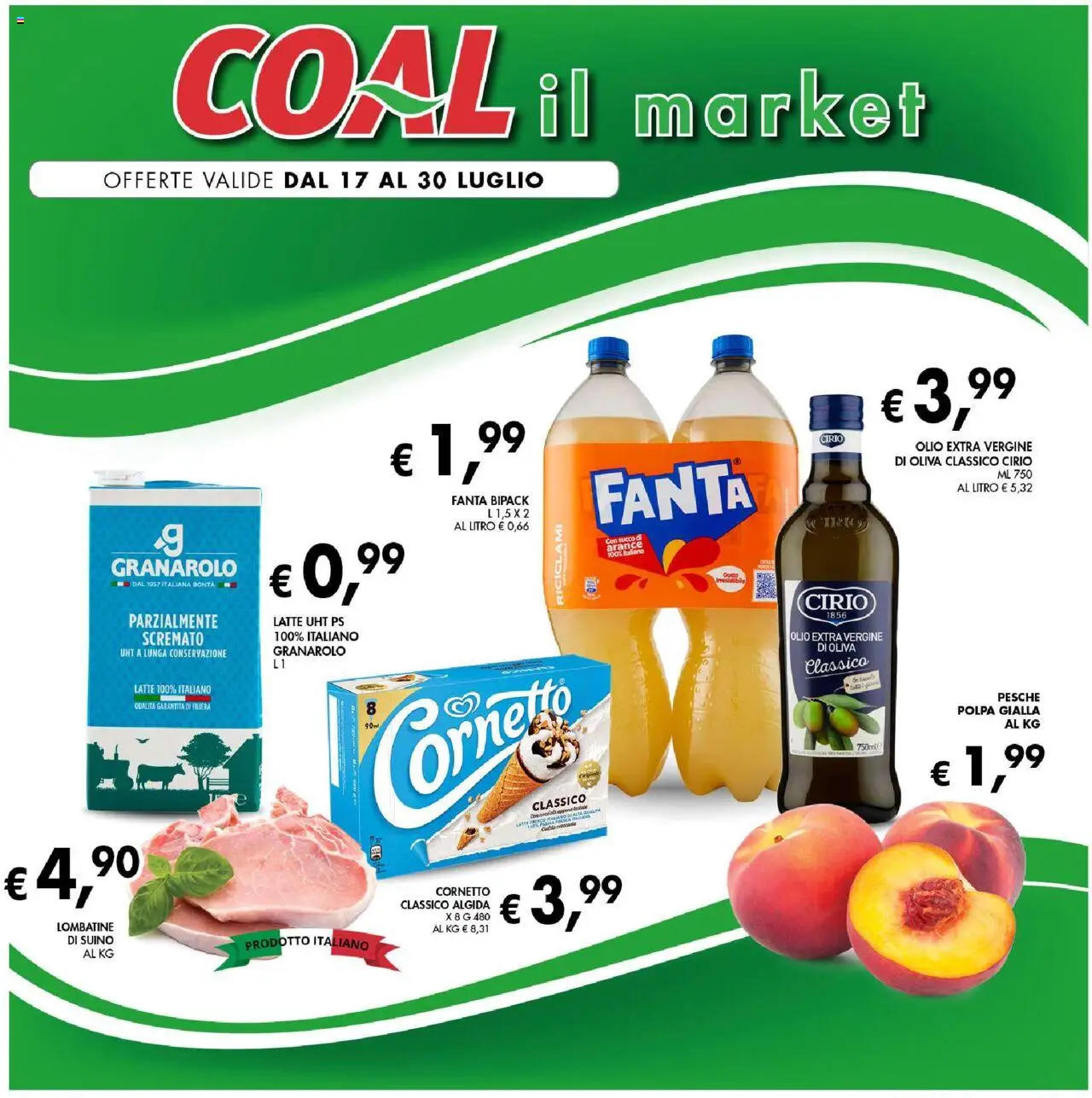 Volantino Coal valido da 17/07/2025 numero di pagina 1 - Cornetto, Suino, Latte, Olio, Fanta, Olio extra vergine, Pesche