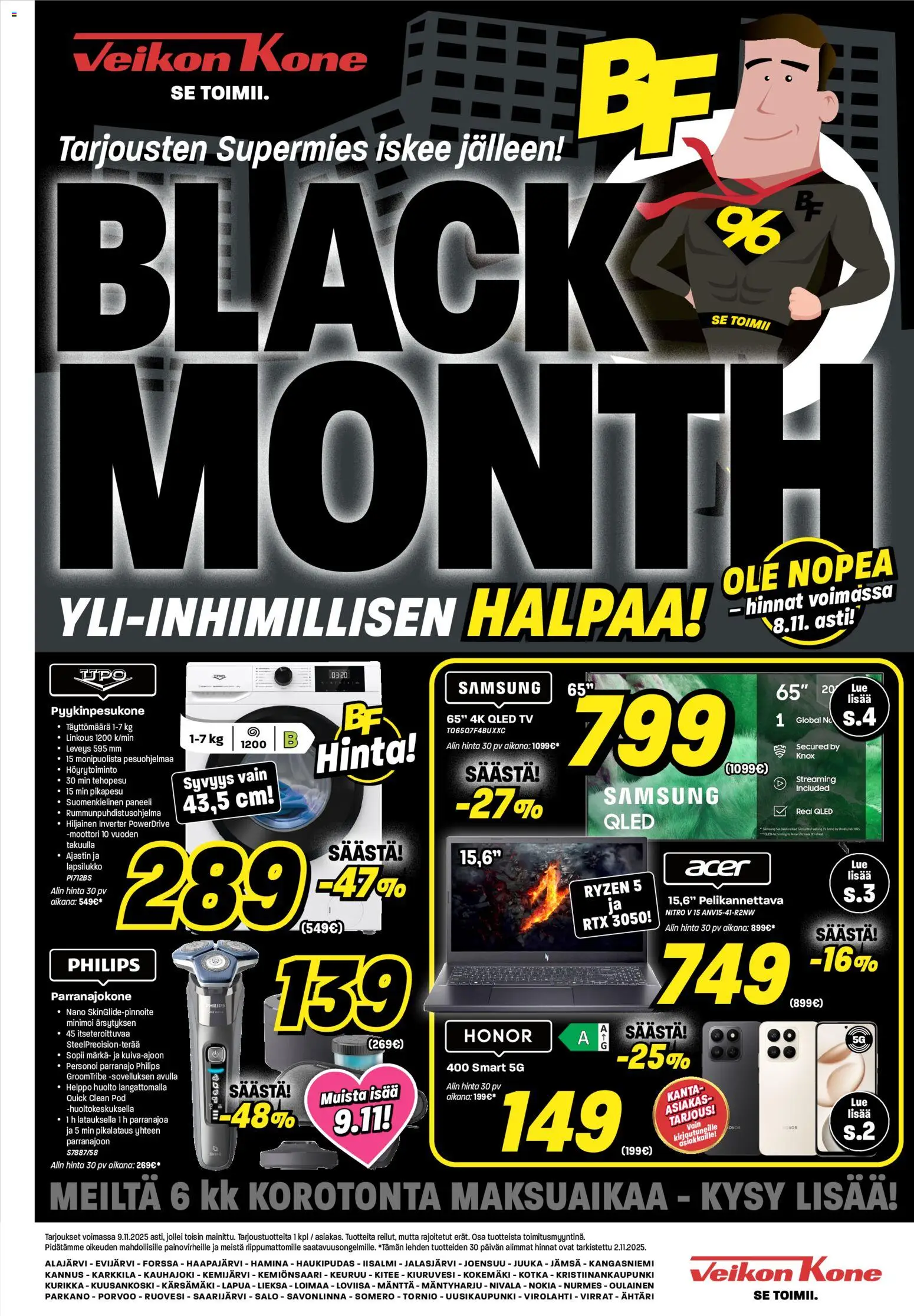 Kaupan Veikon Kone Black Friday esikatselu, voimassa 03/11/2025 - TV, Parranajokone, Pelikannettava