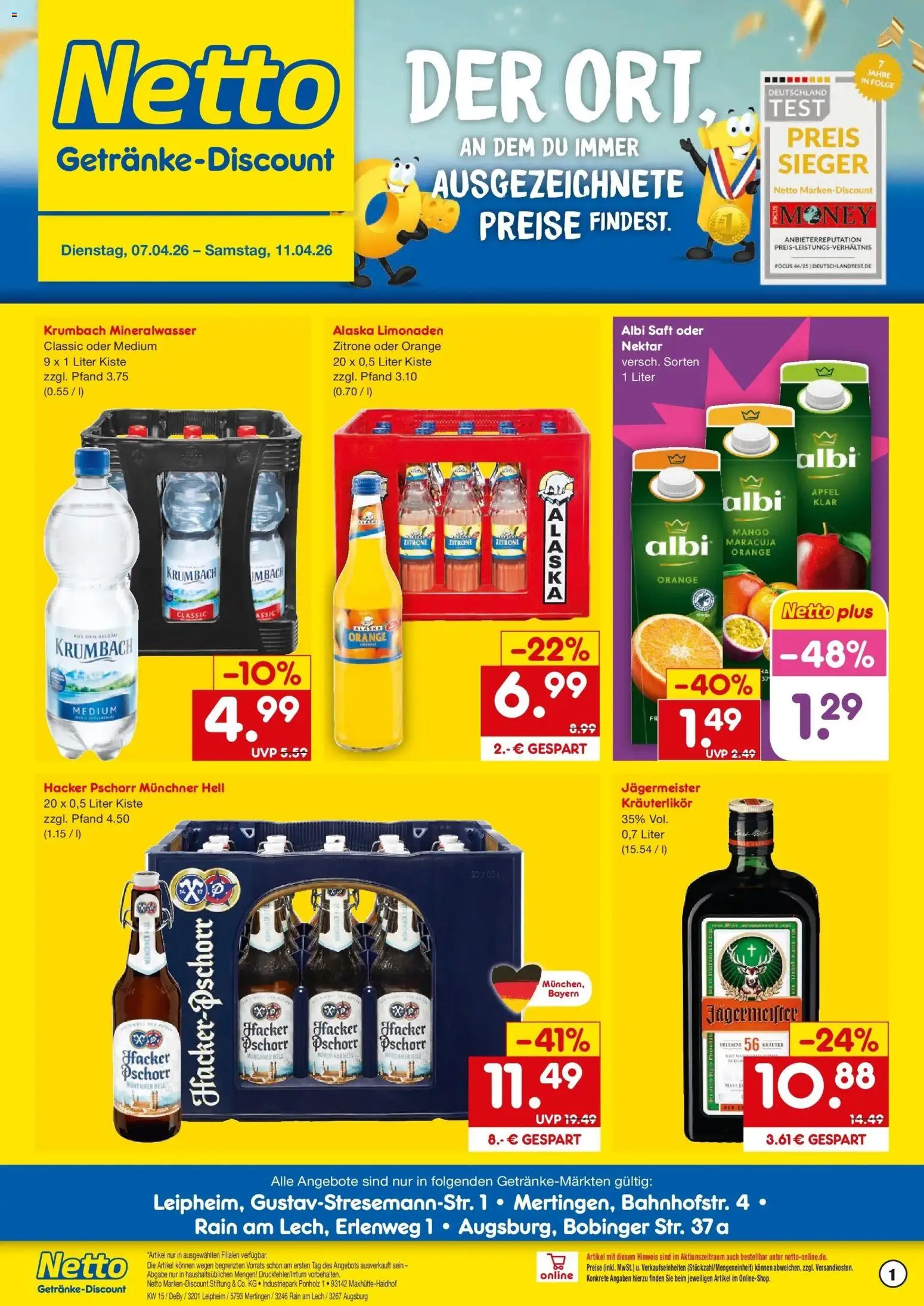 Vorschau von dem Prospekt des Geschäftes Netto Marken-Discount, gültig ab dem 07.04.2026 - Mango, Äpfel, Jägermeister, Mineralwasser, Zitrone, Saft