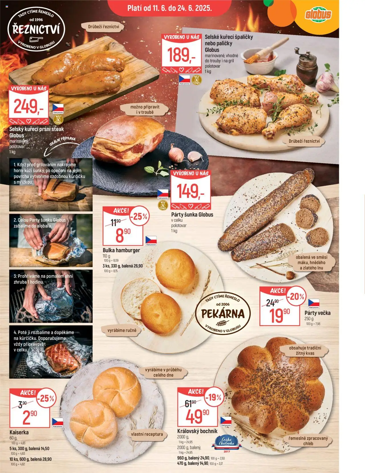  Globus leták od 11.06.2025 >> Akční nabídka "Praha Černý Most" - strana 2 - Globus, Pekárna, Steak, Hamburger, Gril, Chléb, Šunka, Kaiserka