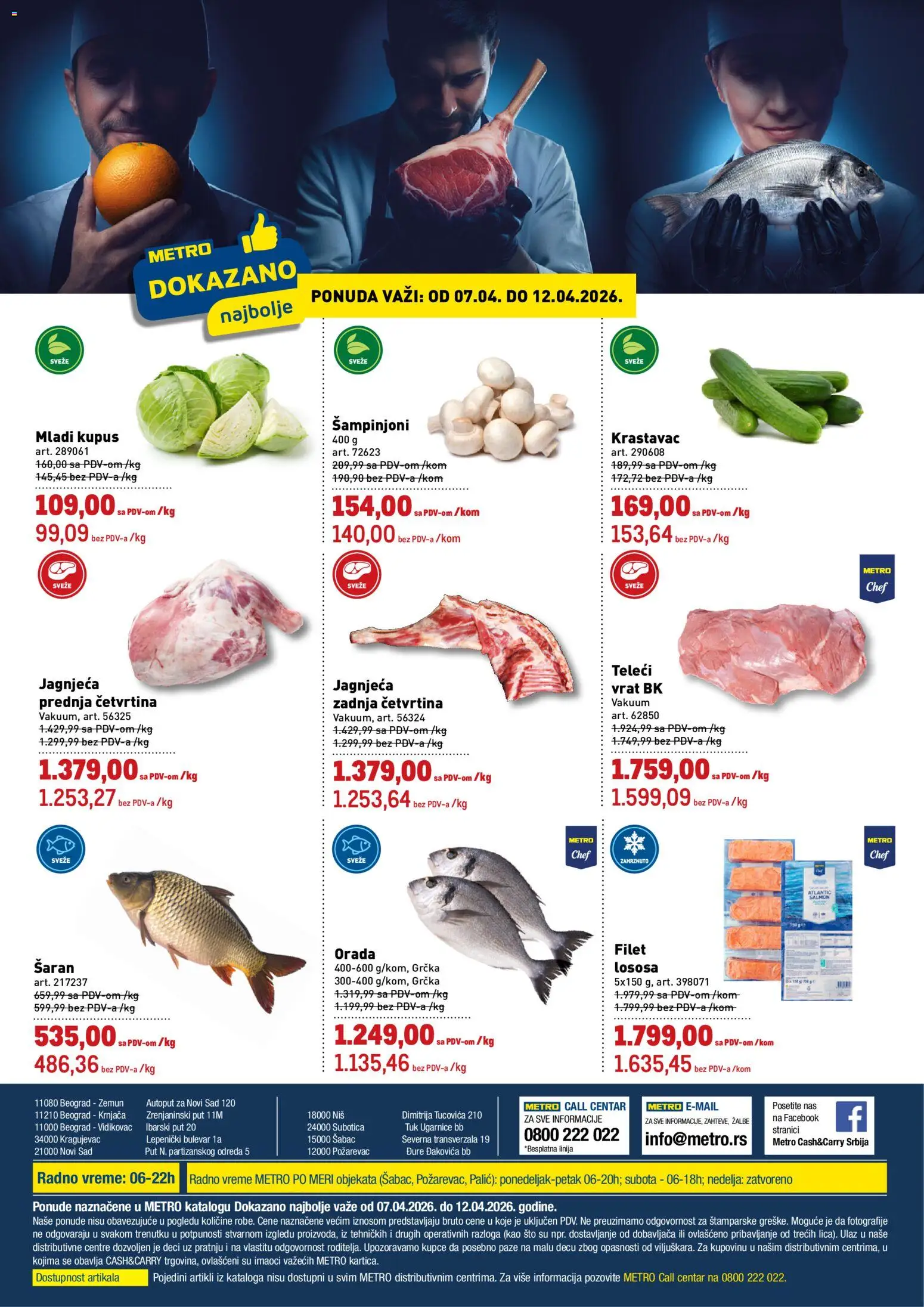 Pregled Metro kataloga - važi od 07.04.2026 - Orada, Sto, Kupus, Šaran, Krastavac, Šampinjoni, Vrat, Filet
