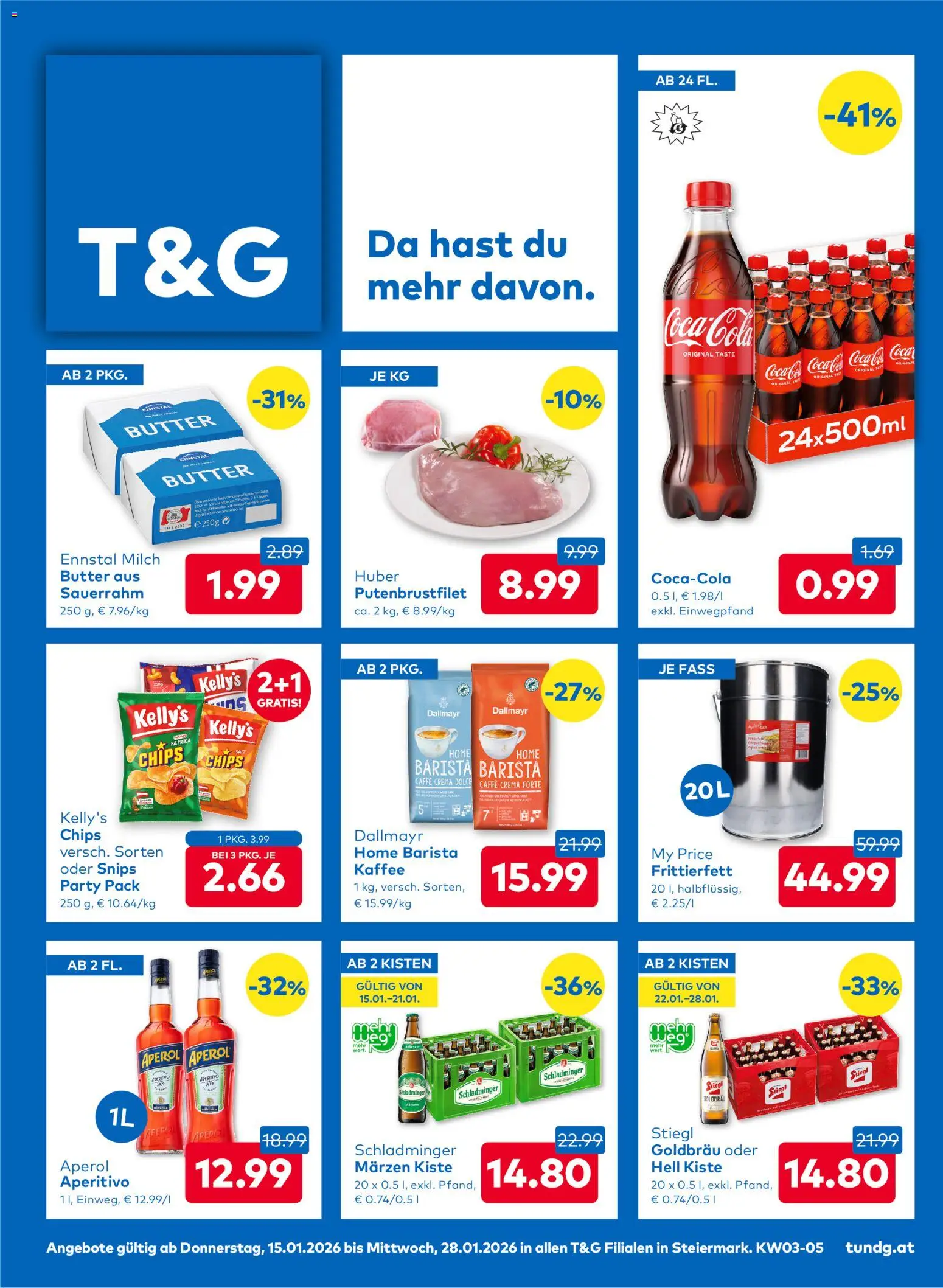 Vorschau der Angebote: T&G Steiermark gültig ab 15.01.2026 - Kaffee, Aperol, Chips, Milch, Butter, Sauerrahm