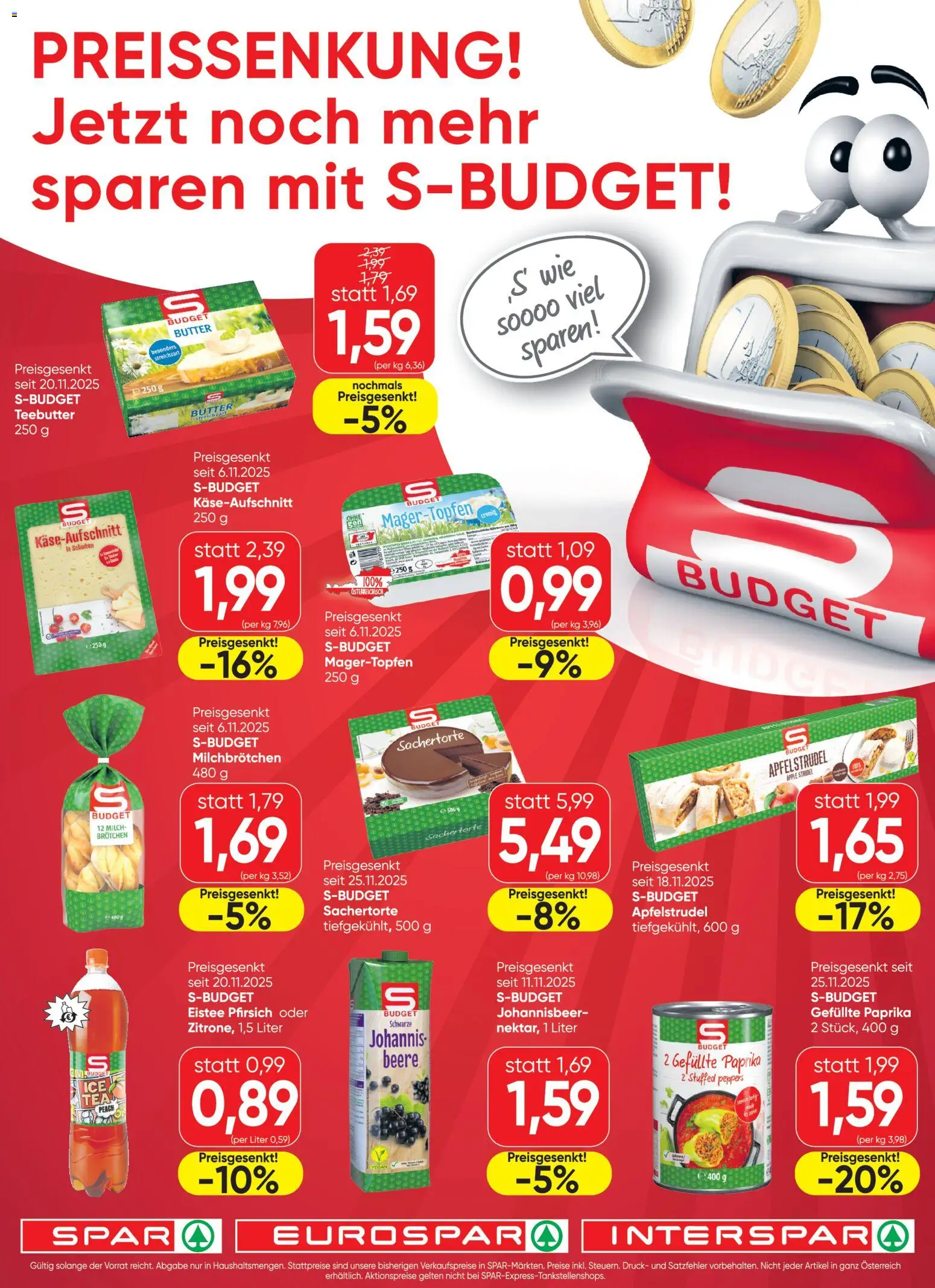 Vorschau der Angebote: Spar Vorarlberg Preissenkung gültig ab 26.11.2025 - Apple, Butter, Pfirsich