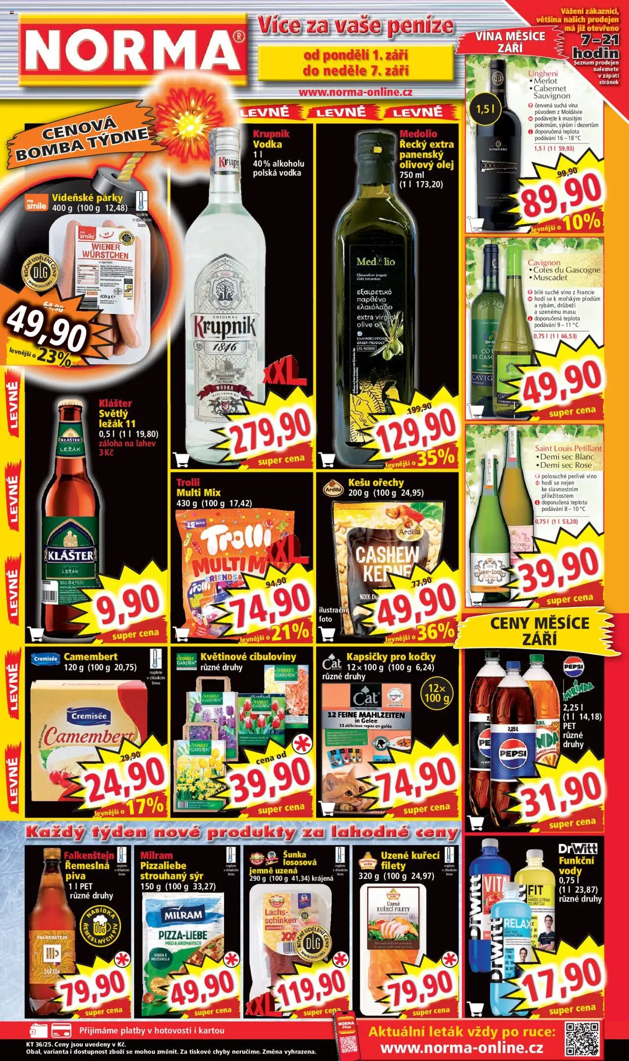  Norma Leták (01.09.2025) příští týden - Akční leták - Sýr, Čaj, Olej, Drwitt, Camembert, Cabernet Sauvignon, Vídeňské párky, Strouhaný sýr