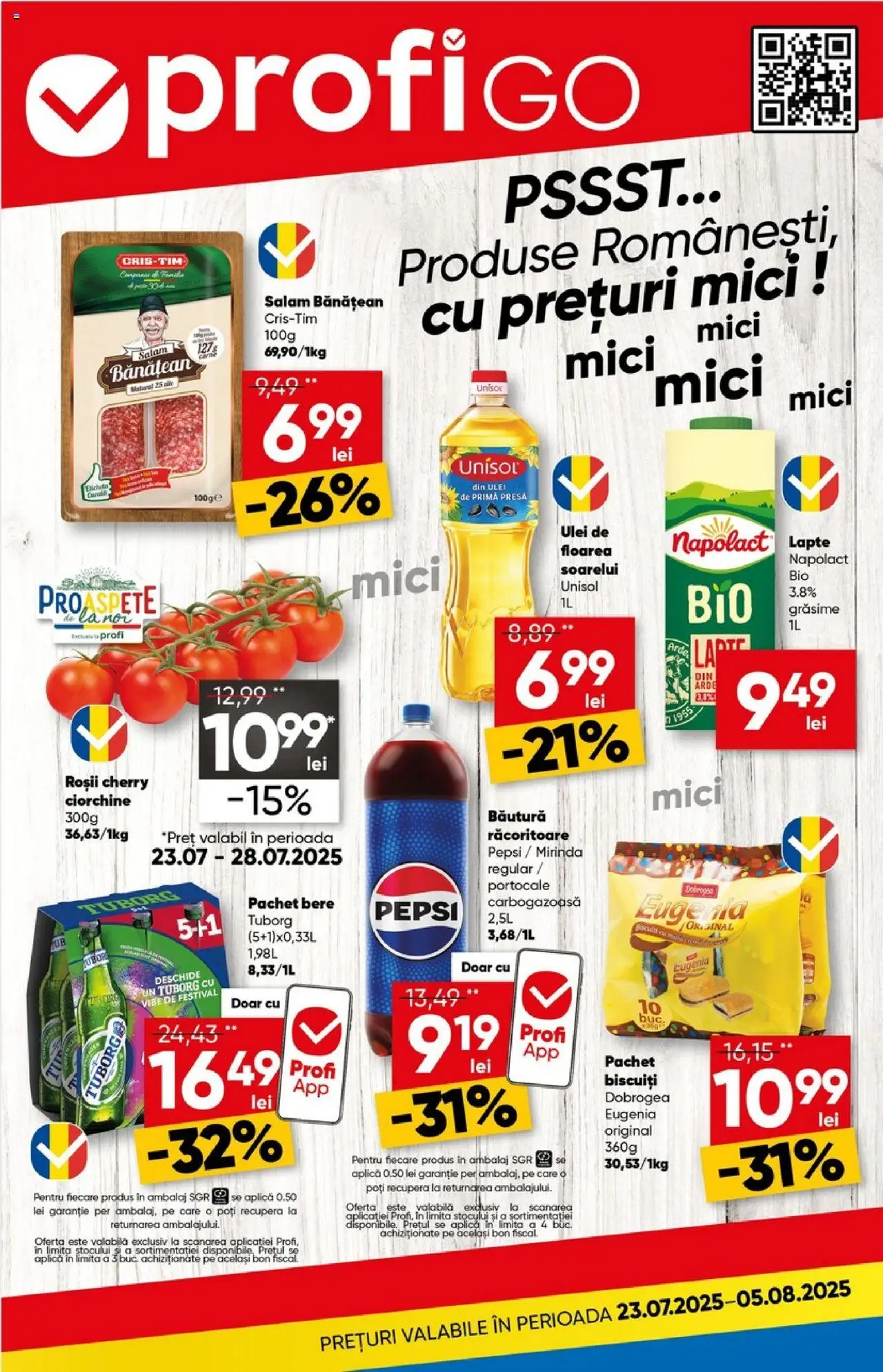 Catalog Profi nou 23.07.2025 - Oferte "Revista Go" - Pagină 1 - Aplică, Mici, Pepsi, Lapte, Ulei, Portocale, Roșii, Biscuiți