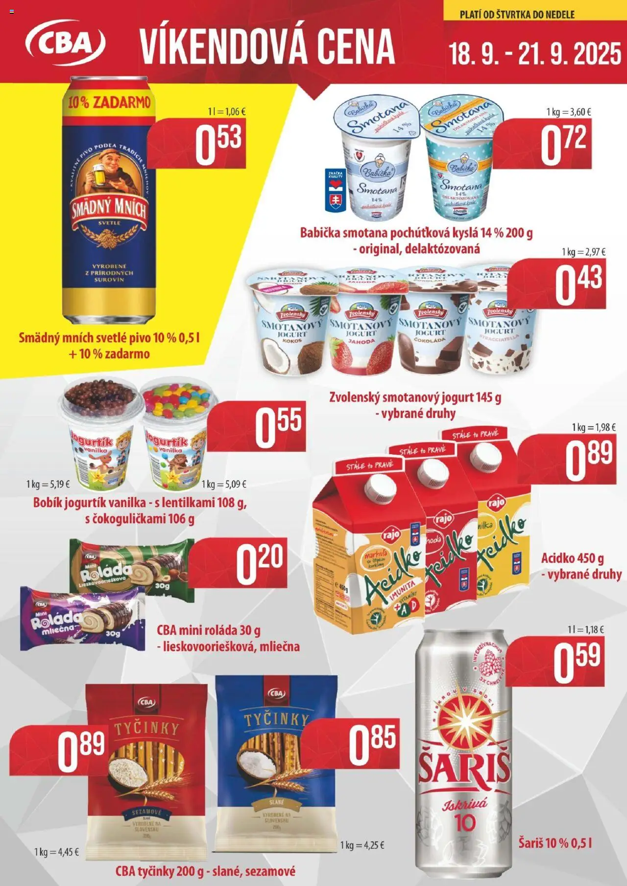 KARMEN CBA Víkendová cena (18.09. - 21.09.2025) - Akčná ponuka - Čokoláda, Milka, Jogurt, Vanilka, Acidko, Smotana, Raid, Smädný Mních