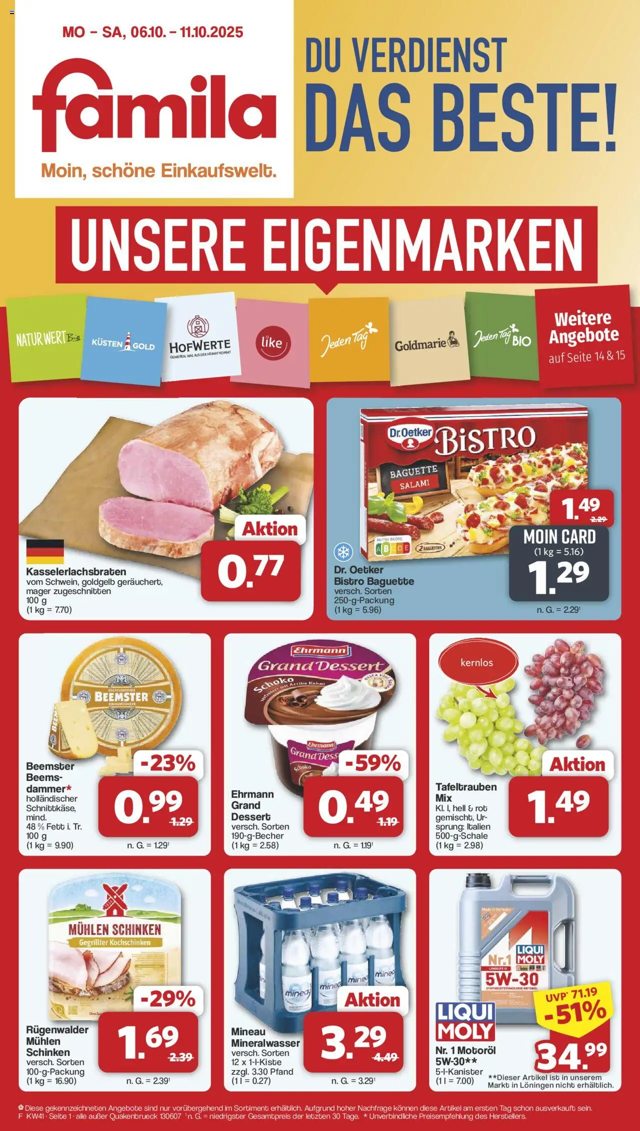 Famila Nordwest Prospekt (vom 06.10.2025 - 11.10.2025) - Baguette, Mineralwasser, Salami, Schinken, Ehrmann grand dessert