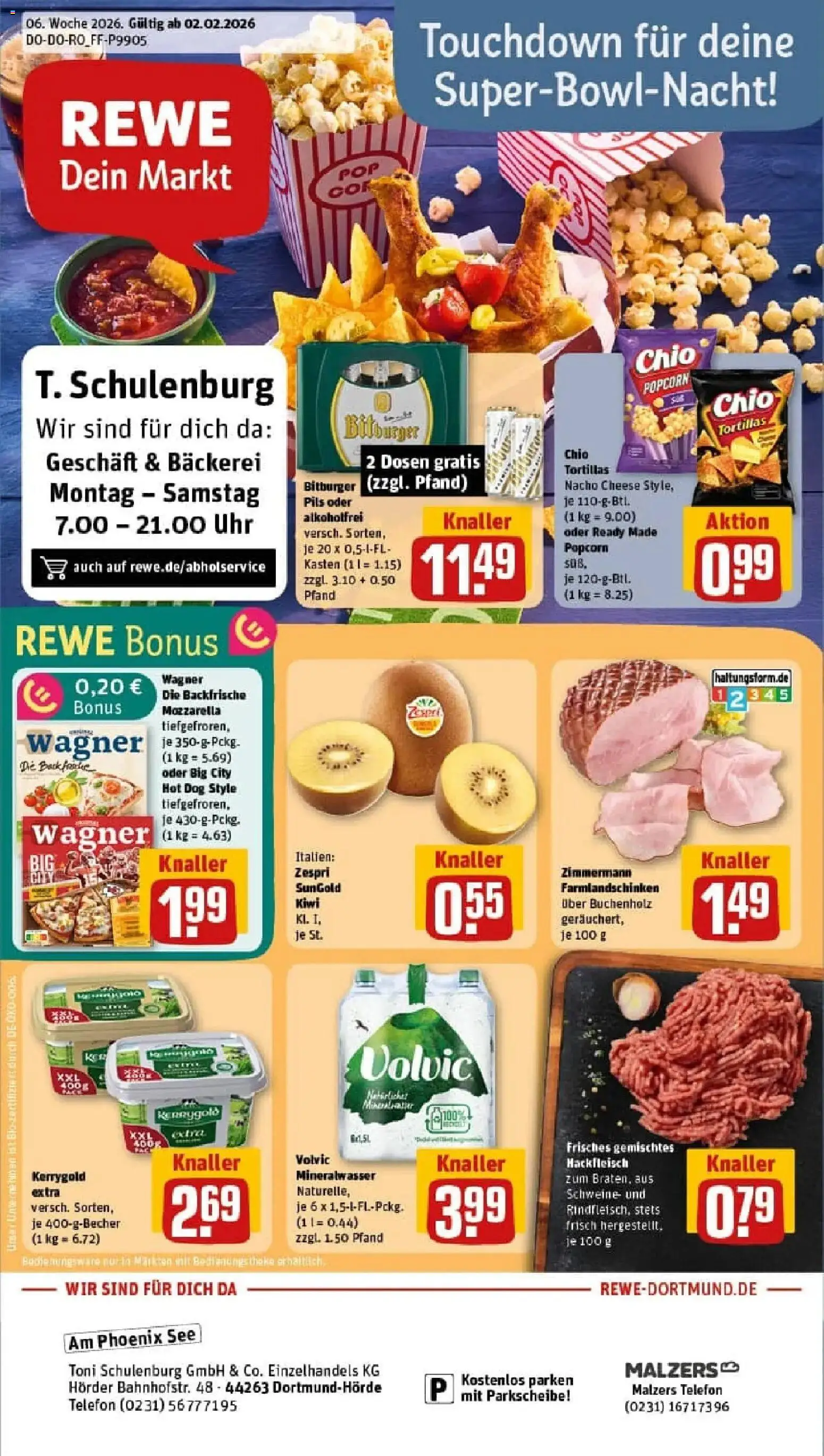 Vorschau von dem Prospekt des Geschäftes Rewe, gültig ab dem 02.02.2026 - Bäckerei, Tortillas, Mozzarella, Mineralwasser, Hackfleisch, Popcorn, Bitburger, Pils
