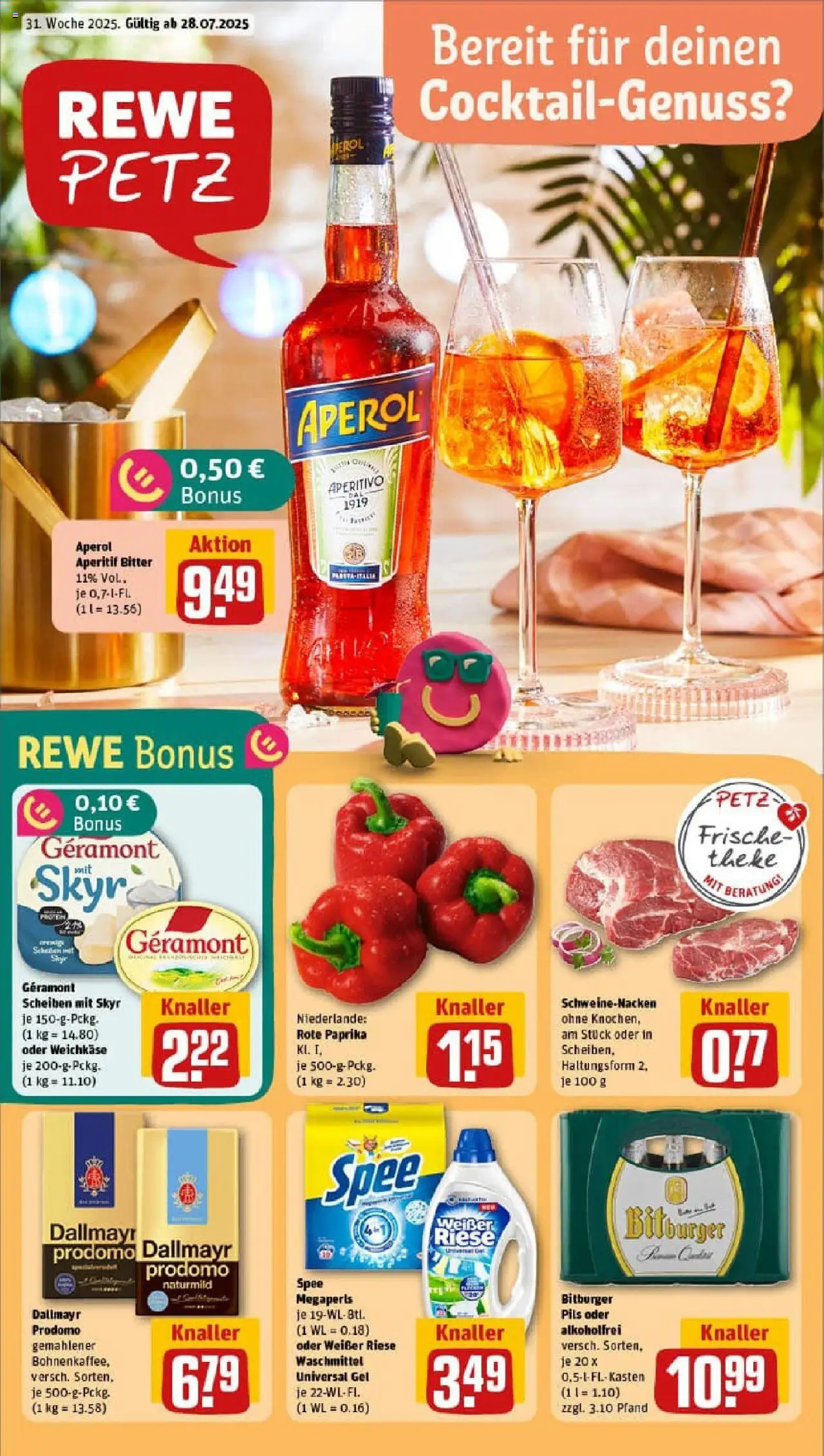 REWE Prospekt ab 27.07.2025 nächste Woche - Prospekt Waldbröl - Spee, Skyr, Paprika, Bitburger, Dallmayr prodomo, Schweinenacken, Geramont, Rote Paprika