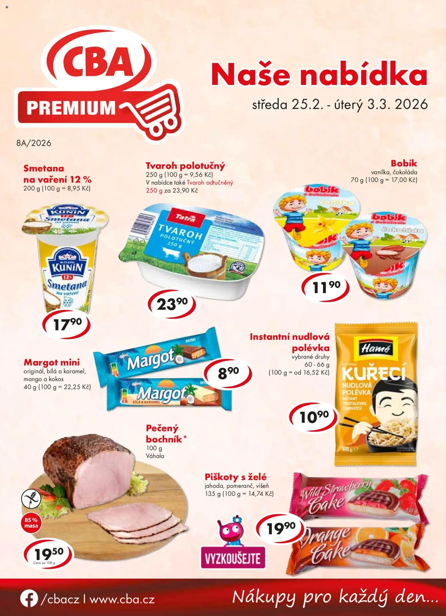 Náhled nabídky: CBA Leták - Premium platný od 25.02.2026 - Mango, Tvaroh, Čokoláda, Smetana, Kokos, Piškoty, Tvaroh odtučněný