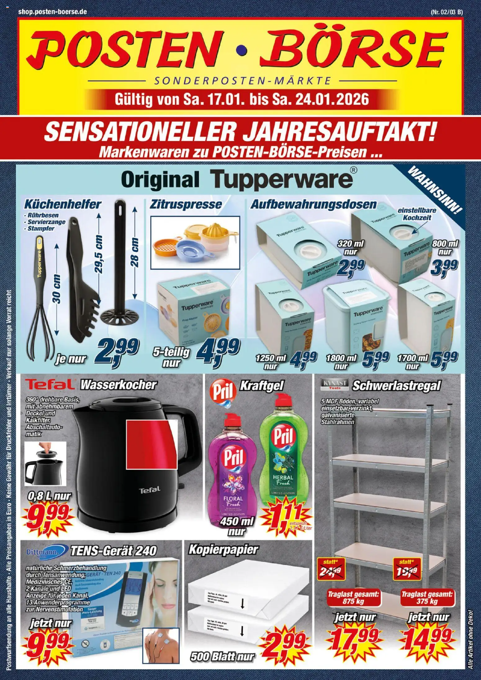 Vorschau von dem Prospekt des Geschäftes Posten Börse, gültig ab dem 17.01.2026 - Wasserkocher, Schwerlastregal, Pril, Rührbesen