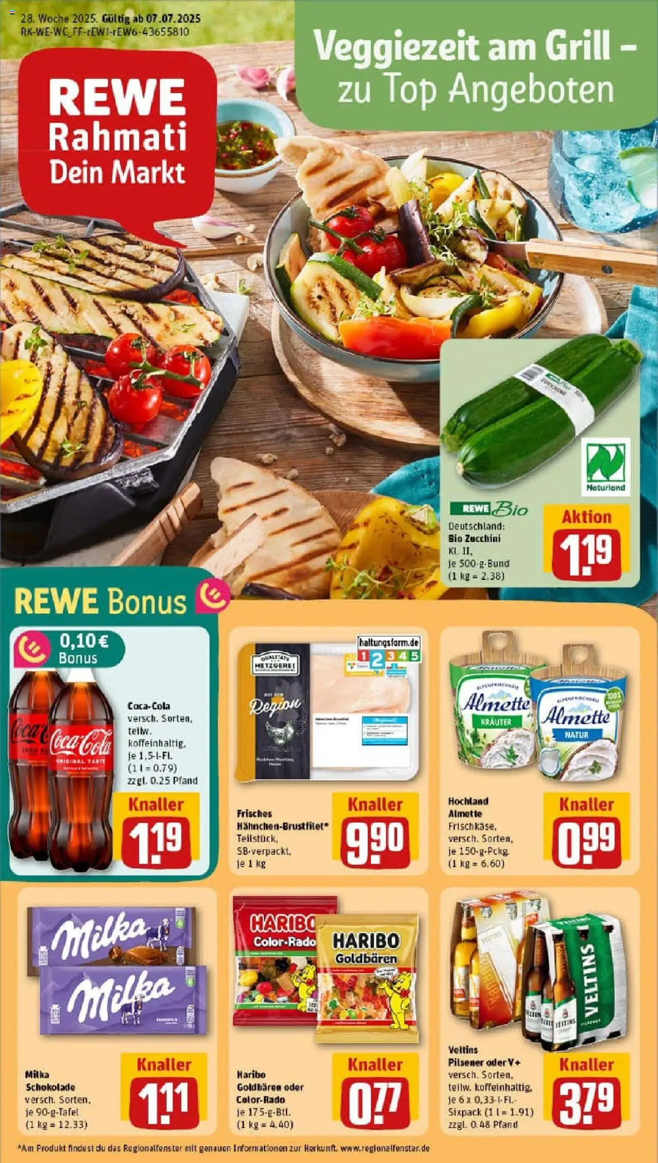 REWE Prospekt ab 06.07.2025 nächste Woche - Prospekt Frechen-Bachem - Schokolade, Coca cola, Haribo, Zucchini, Grill, Milka schokolade, Veltins, Almette