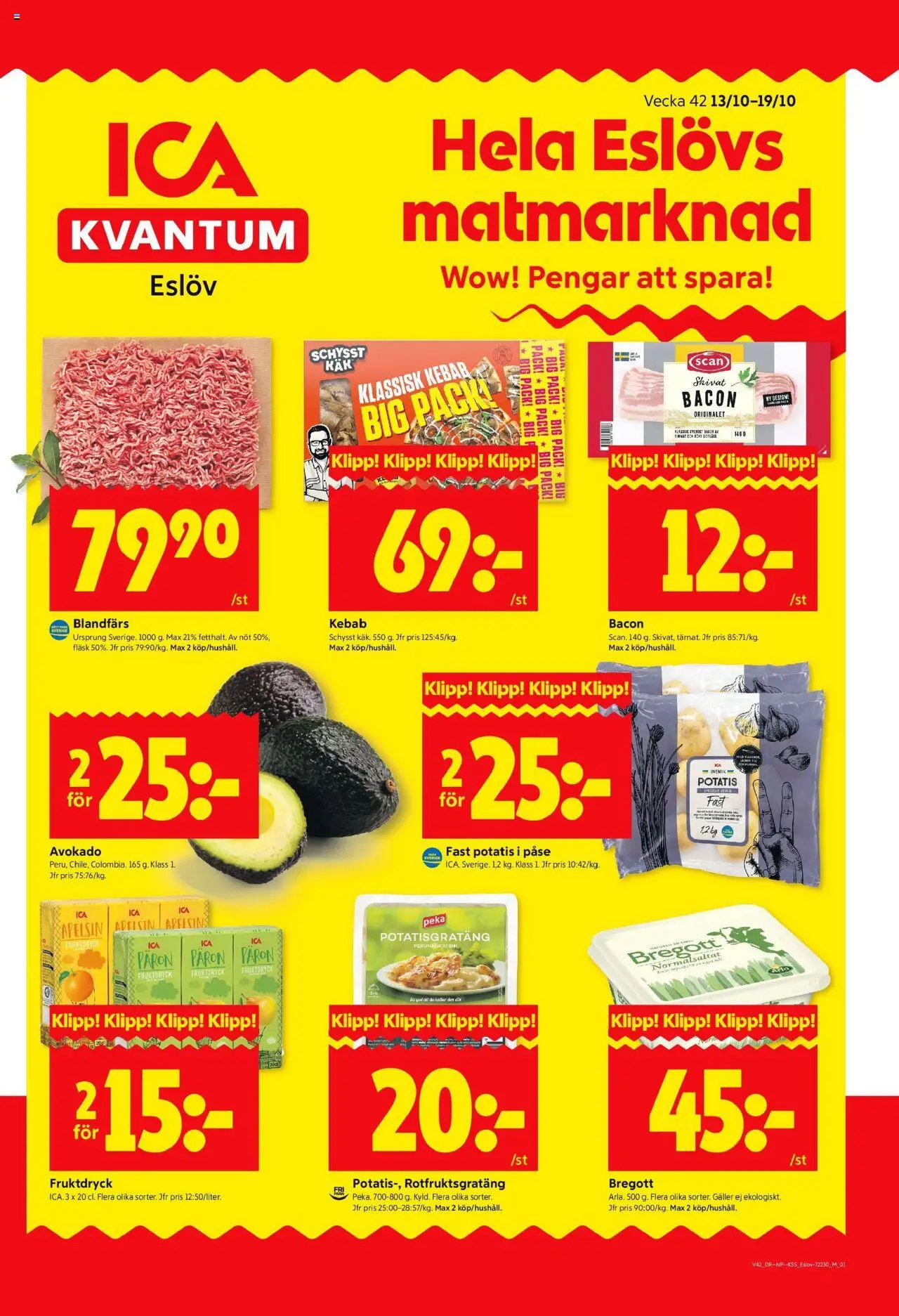 Eslöv är giltig 13/10 2025 > Veckans Erbjudanden gäller från 13/10/2025 till 19/10/2025 sidnummer 1 - Potatisgratäng, Potatis, Avokado, Bregott, Bacon, Päron, Apelsin, Blandfärs