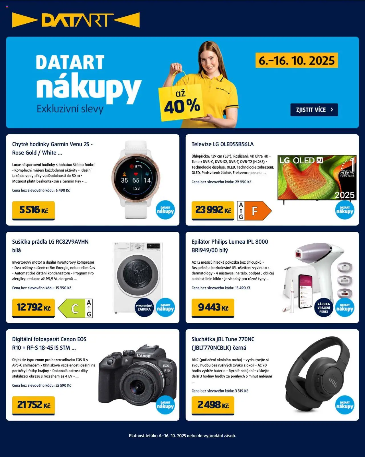  Datart Leták (06.10.2025 - 16.10.2025) - Televize, Hodinky, Hodiny, Sluchátka, Fotoaparát, Baterie, Sušička, Oled tv