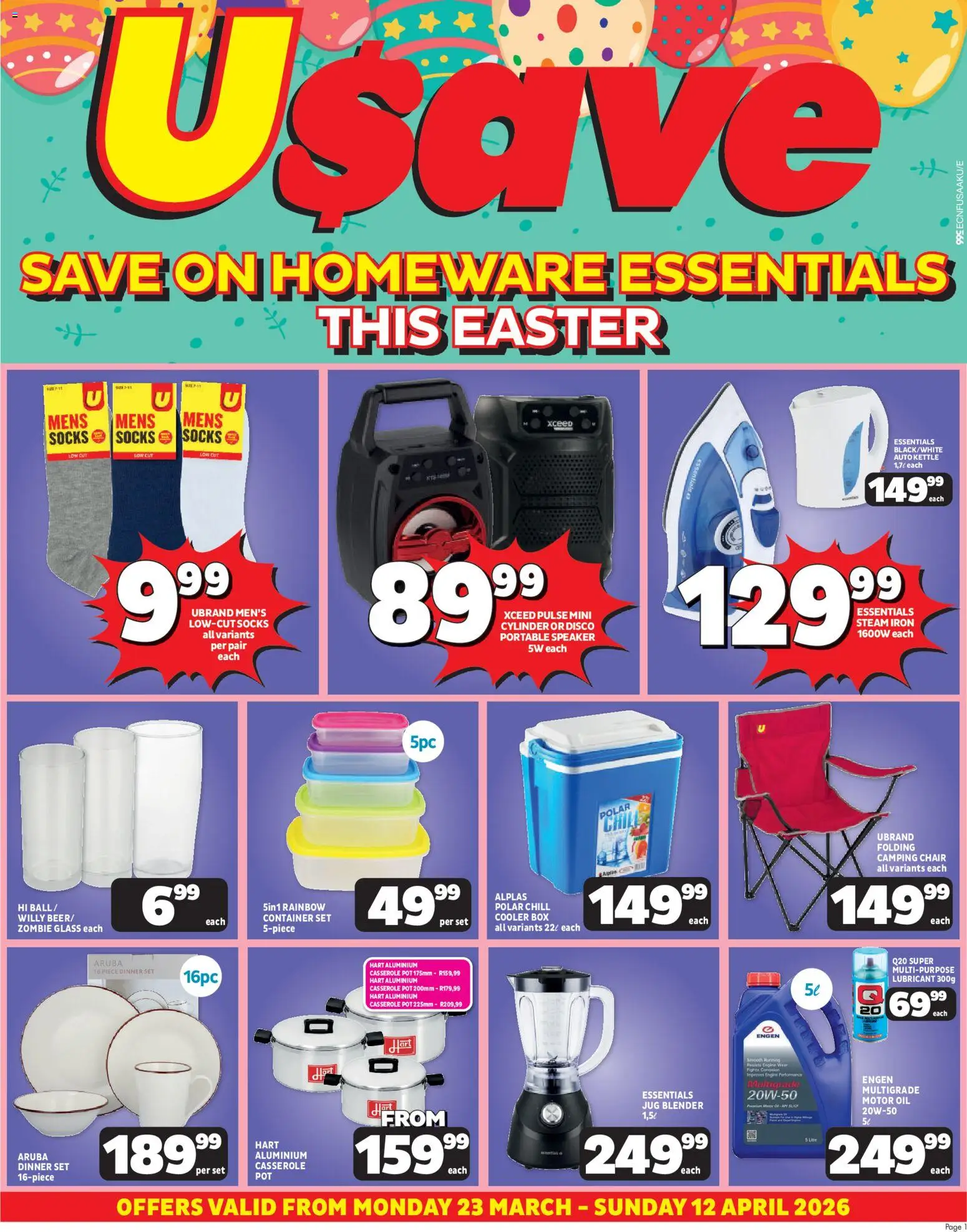 Preview of Usave flyer valid from 23/03/2026 - Blender, Kettle, Iron, Speaker, Chair, Oil, Socks, Cooler