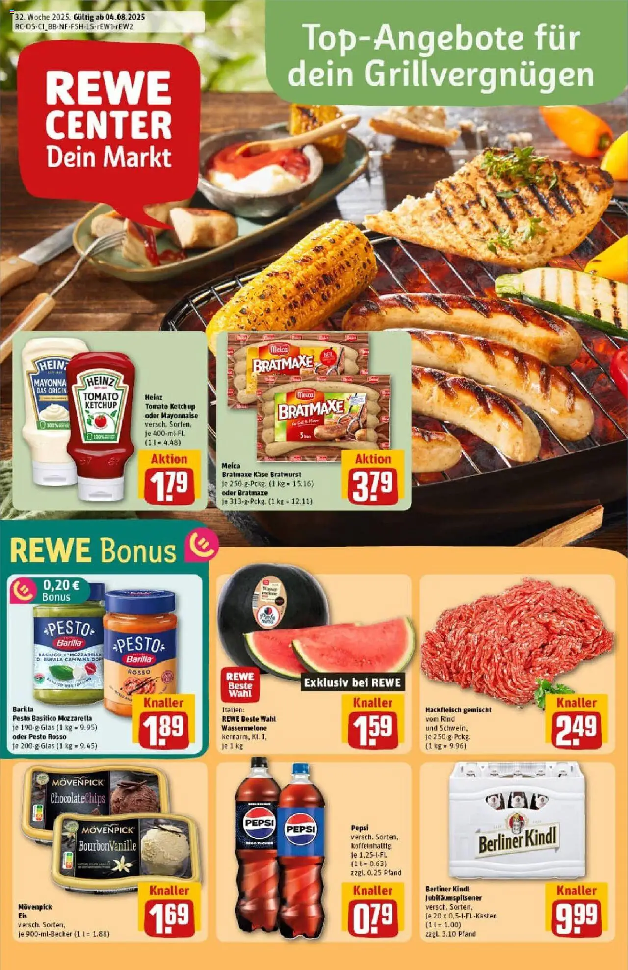 REWE Prospekt ab 03.08.2025 nächste Woche - Prospekt Berlin / Gesundbrunnen - Eis, Bratwurst, Mozzarella, Hackfleisch, Berliner, Wassermelone, Movenpick eis, Meica