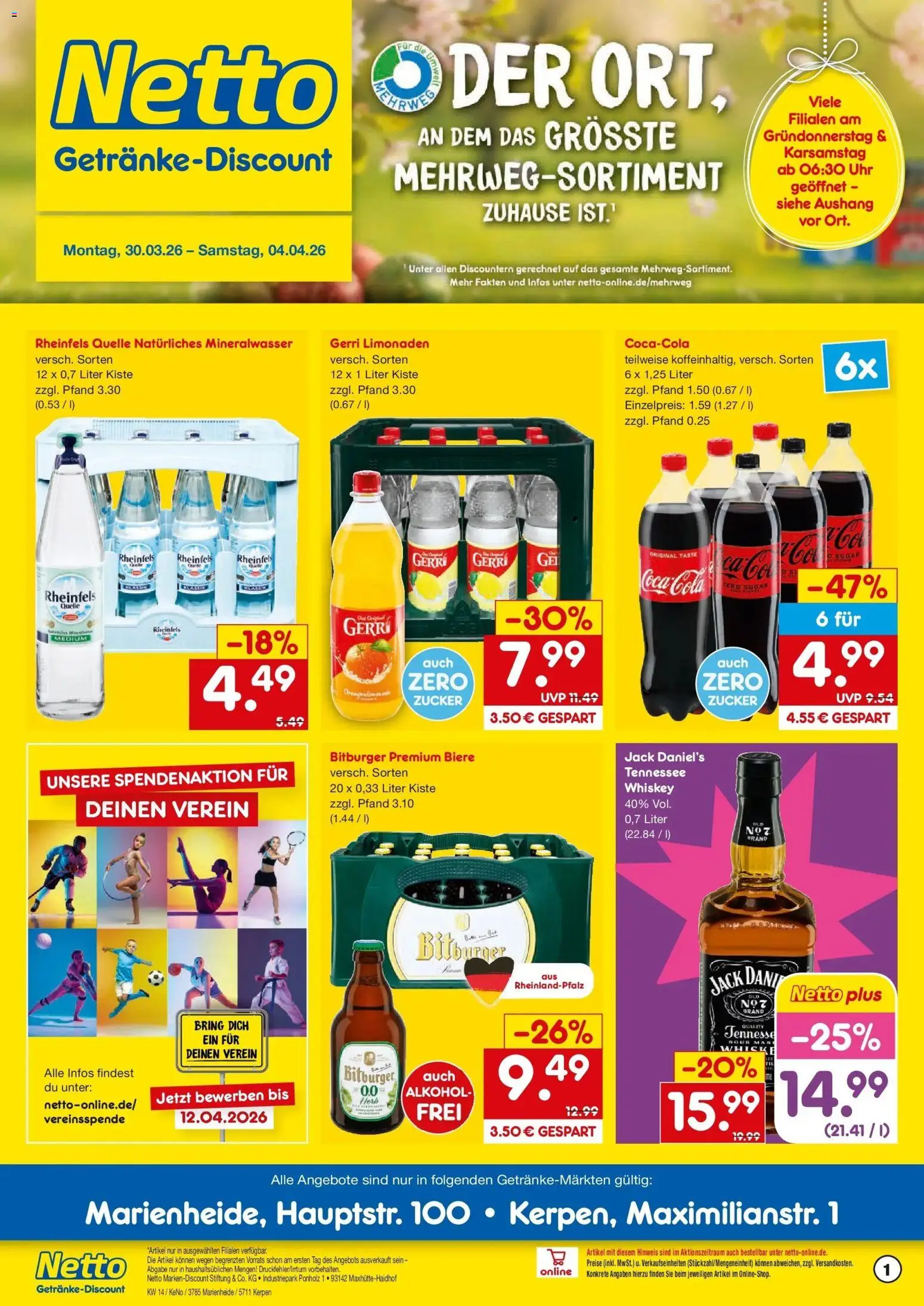 Vorschau von dem Prospekt des Geschäftes Netto Marken-Discount, gültig ab dem 30.03.2026 - Uhr, Coca cola, Cola, Alkohol, Zucker, Whiskey, Bitburger, Rheinfels quelle