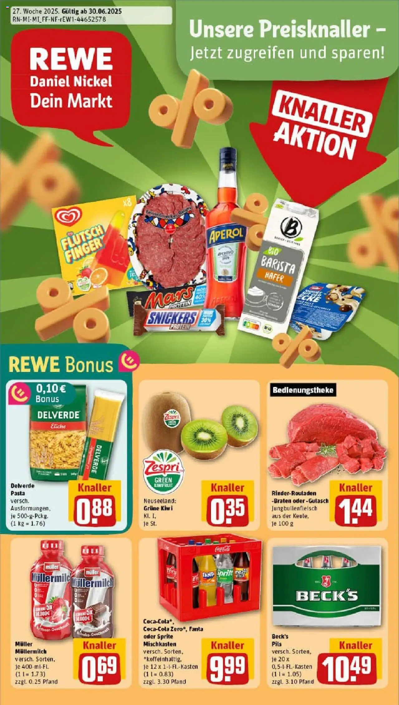 REWE Prospekt ab 29.06.2025 nächste Woche - Prospekt Mömbris / Heimbach - Pasta, Gulasch, Rinderrouladen, Snickers, Fanta, Müllermilch, Sprite, Pils