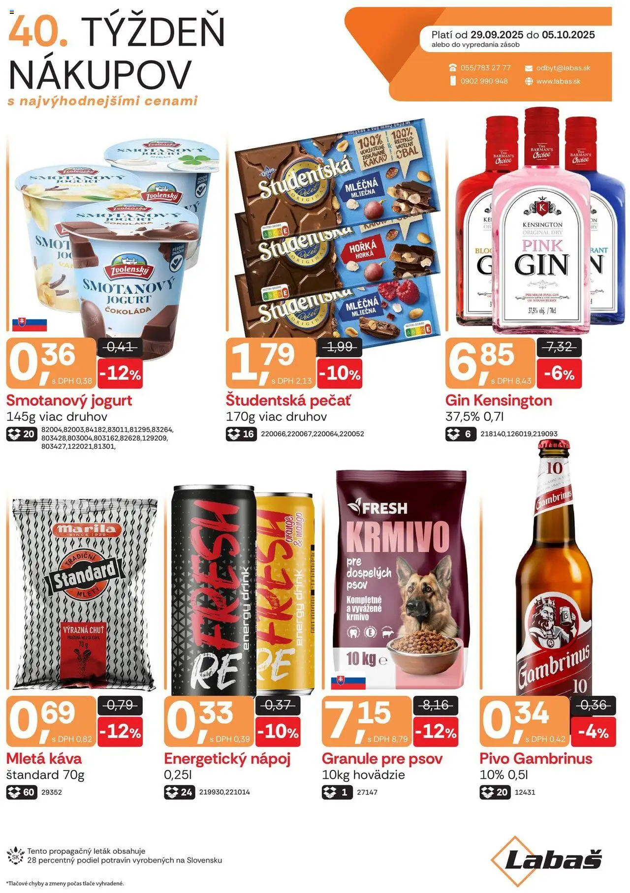 Labaš Leták (29.09. - 05.10.2025) - Akčná ponuka - Pivo, Čokoláda, Gin, Jogurt, Študentská pečať, Gambrinus, Granule, Energetický nápoj