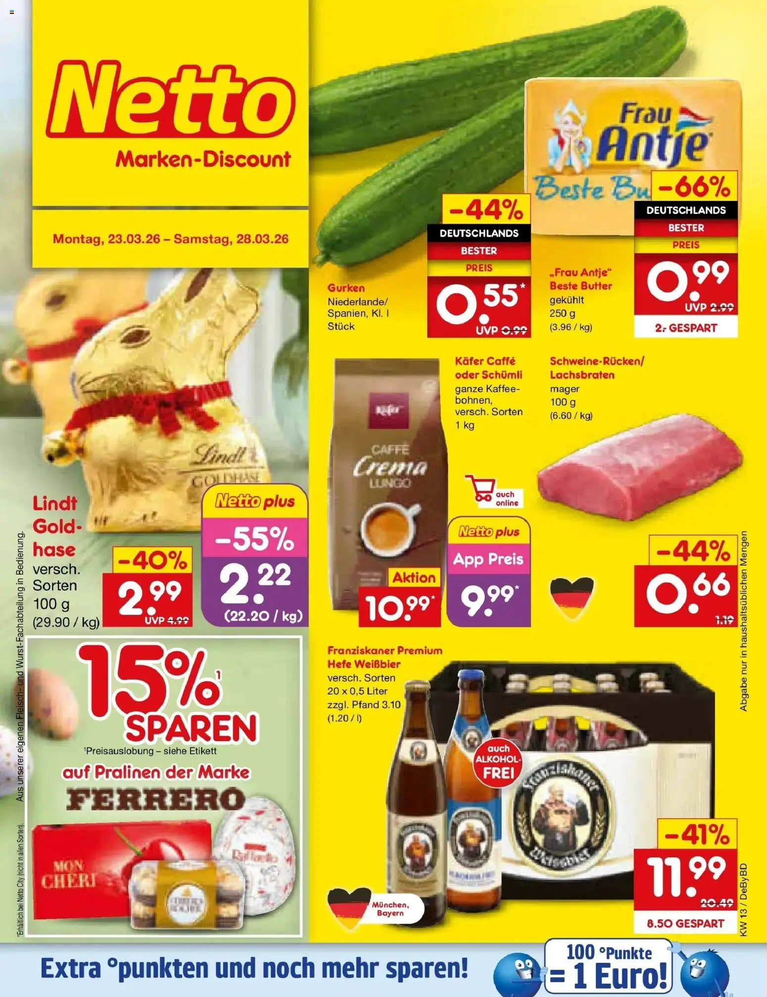 Vorschau von dem Prospekt des Geschäftes Netto Marken-Discount, gültig ab dem 23.03.2026 - Kaffee, Lindt, Alkohol, Fleisch, Gurken, Franziskaner, Weißbier, Hefe weissbier