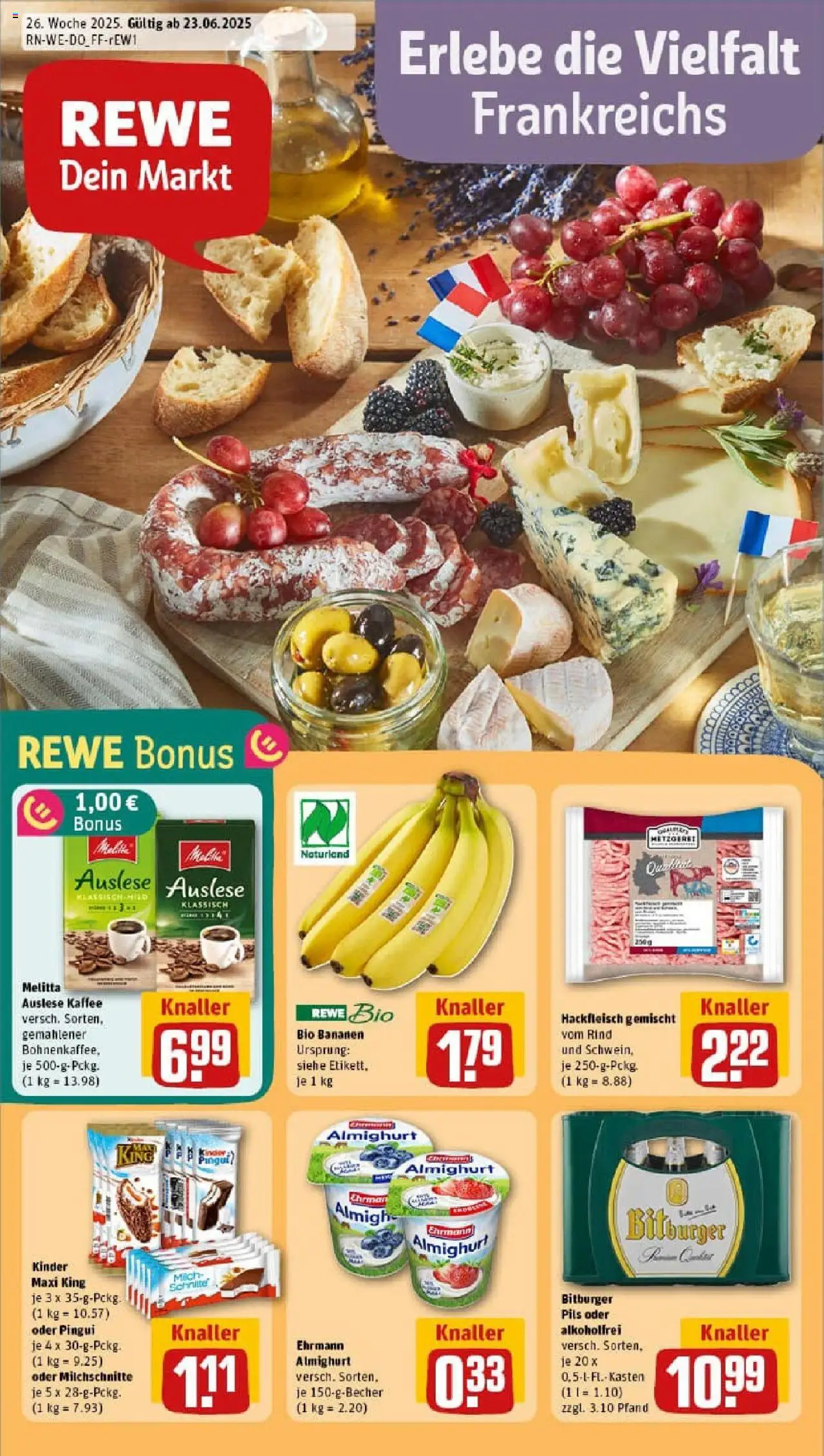 REWE Prospekt ab 22.06.2025 nächste Woche - Prospekt Münster / Centrum - Kaffee, Bananen, Hackfleisch, Bitburger, Melitta, Pils, Ehrmann almighurt