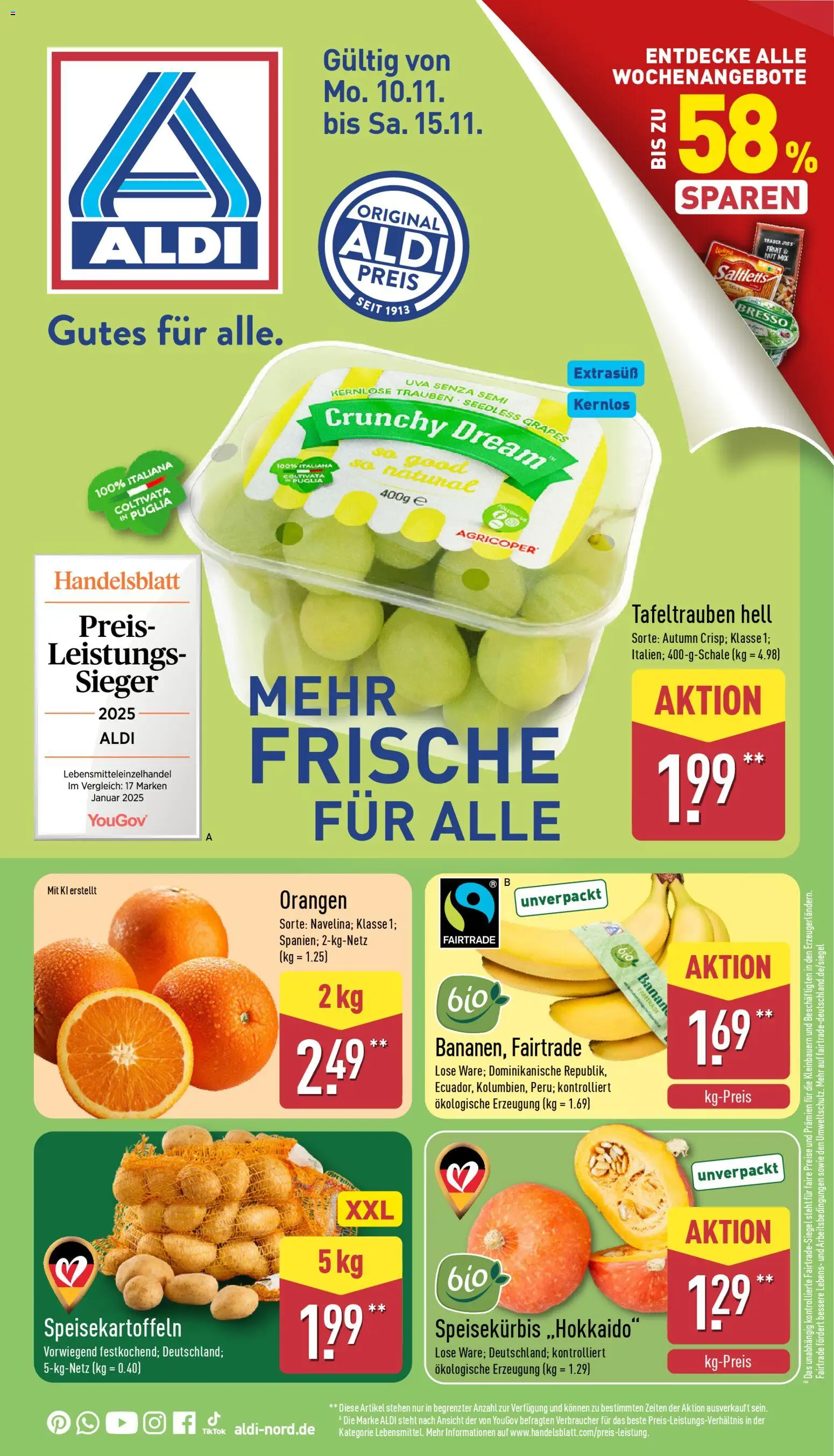 Vorschau von dem Prospekt des Geschäftes Aldi, gültig ab dem 10.11.2025 - Trauben, Orangen, Bresso