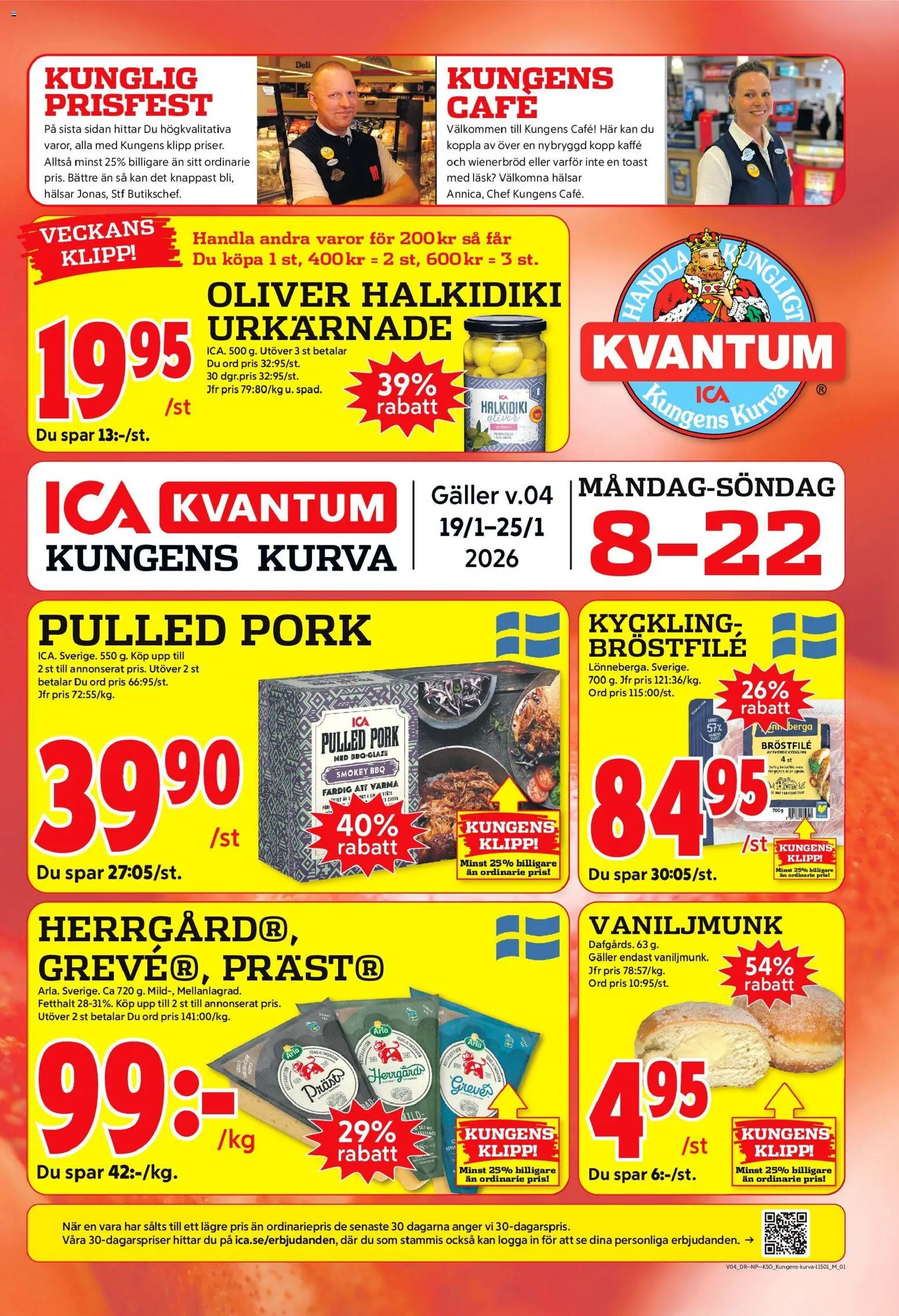 Förhandsgranska reklamblad Kungens Kurva från butik ICA Kvantum gäller från 19/01/2026 - Kaffe, Pulled pork, Galler, Oliver, Kyckling