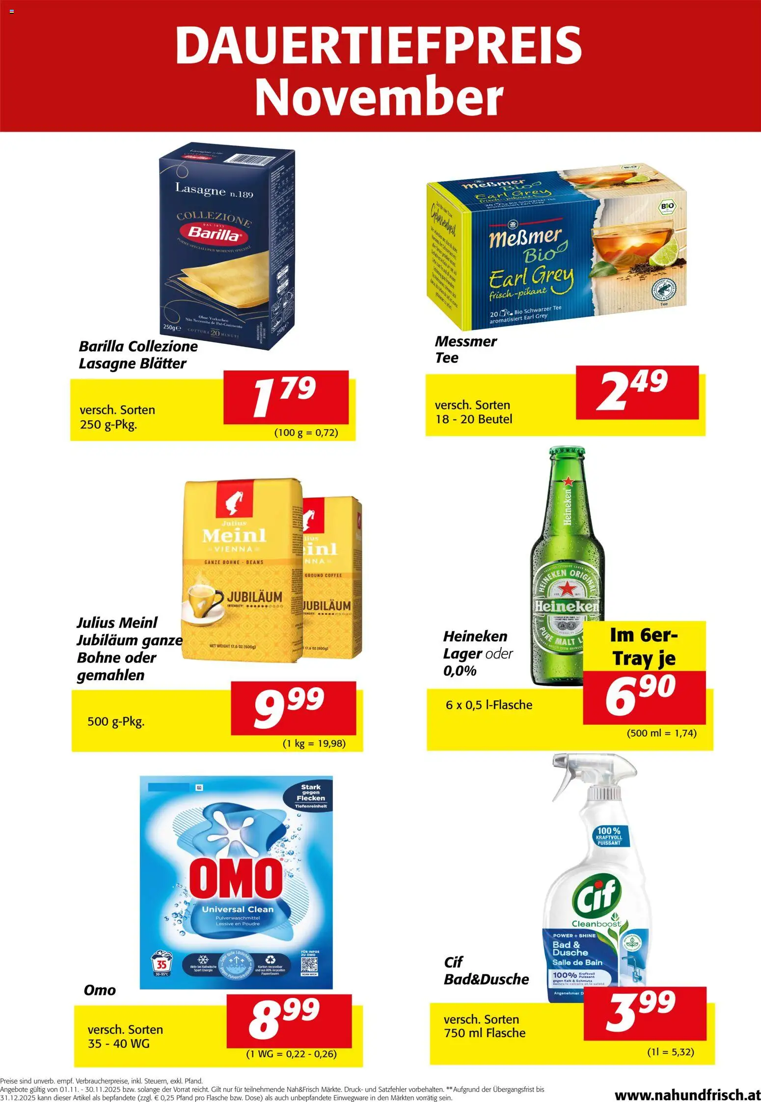 Vorschau der Angebote: Nah und Frisch Dauertiefpreis November gültig ab 01.11.2025 - Bad, Tee, Dusche, Barilla, Bohne