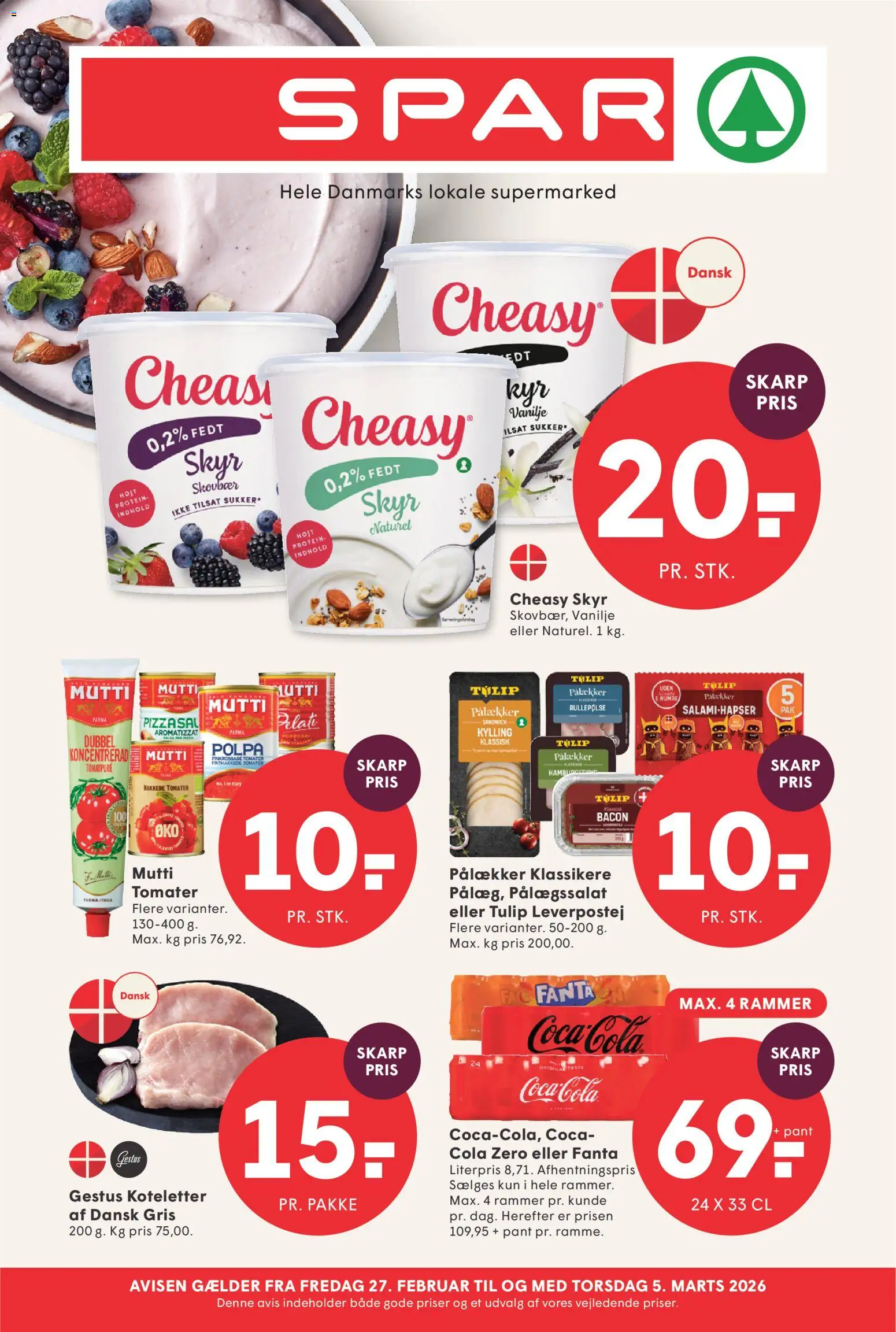 Eksempel på tilbudsavis Tilbudsavis fra butik Spar gyldig fra 27/02/2026 - Cola, Leverpostej, Rammer, Bacon, Rullepølse, Sukker, Tomater, Hakkede tomater