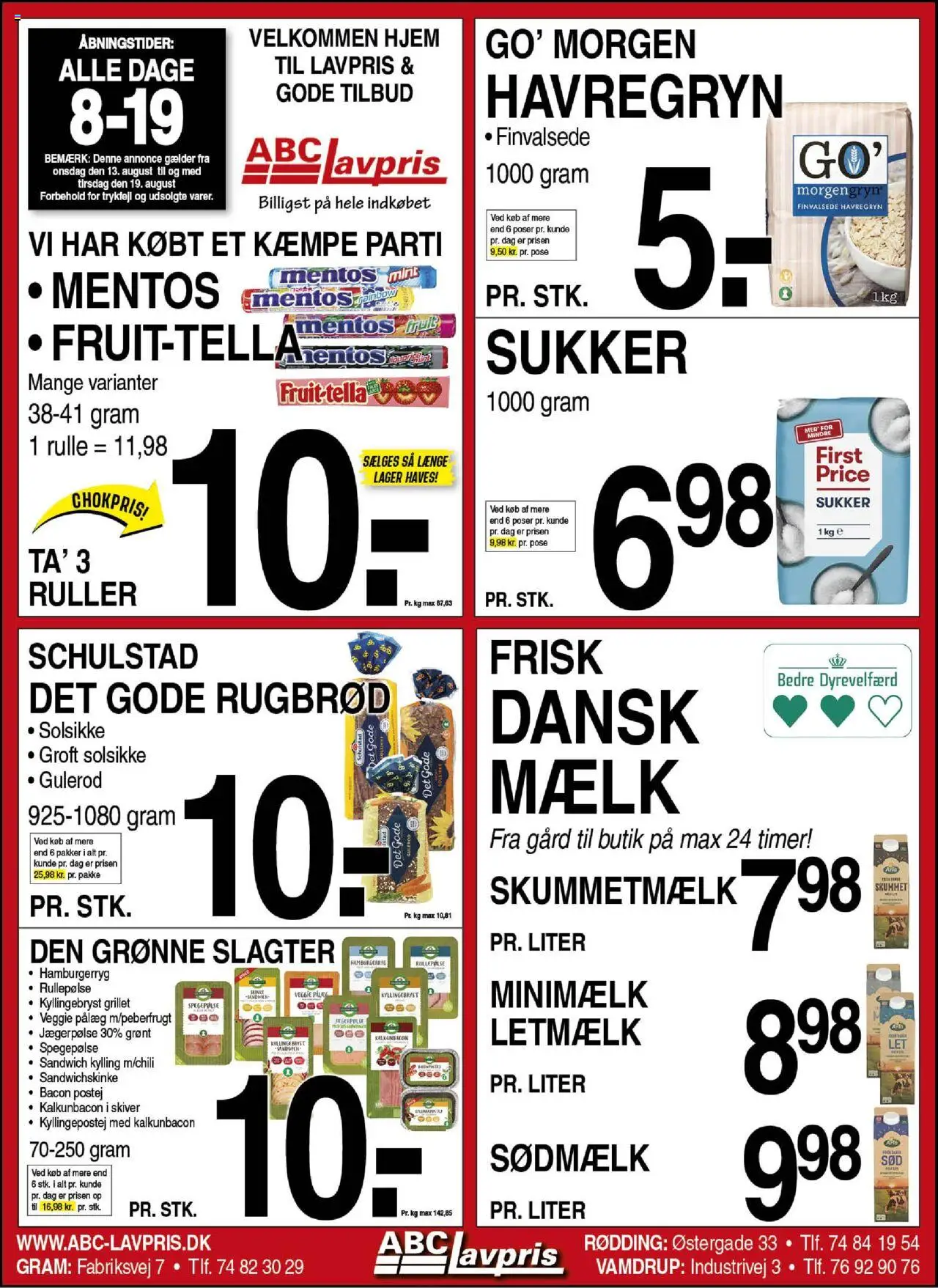 Abc Lavpris tilbudsavis gyldig fra 13/08/2025 - side 1 - Hamburgerryg, Gulerod, Pålæg, Havregryn, Bacon, Rullepølse, Spegepølse, Letmælk