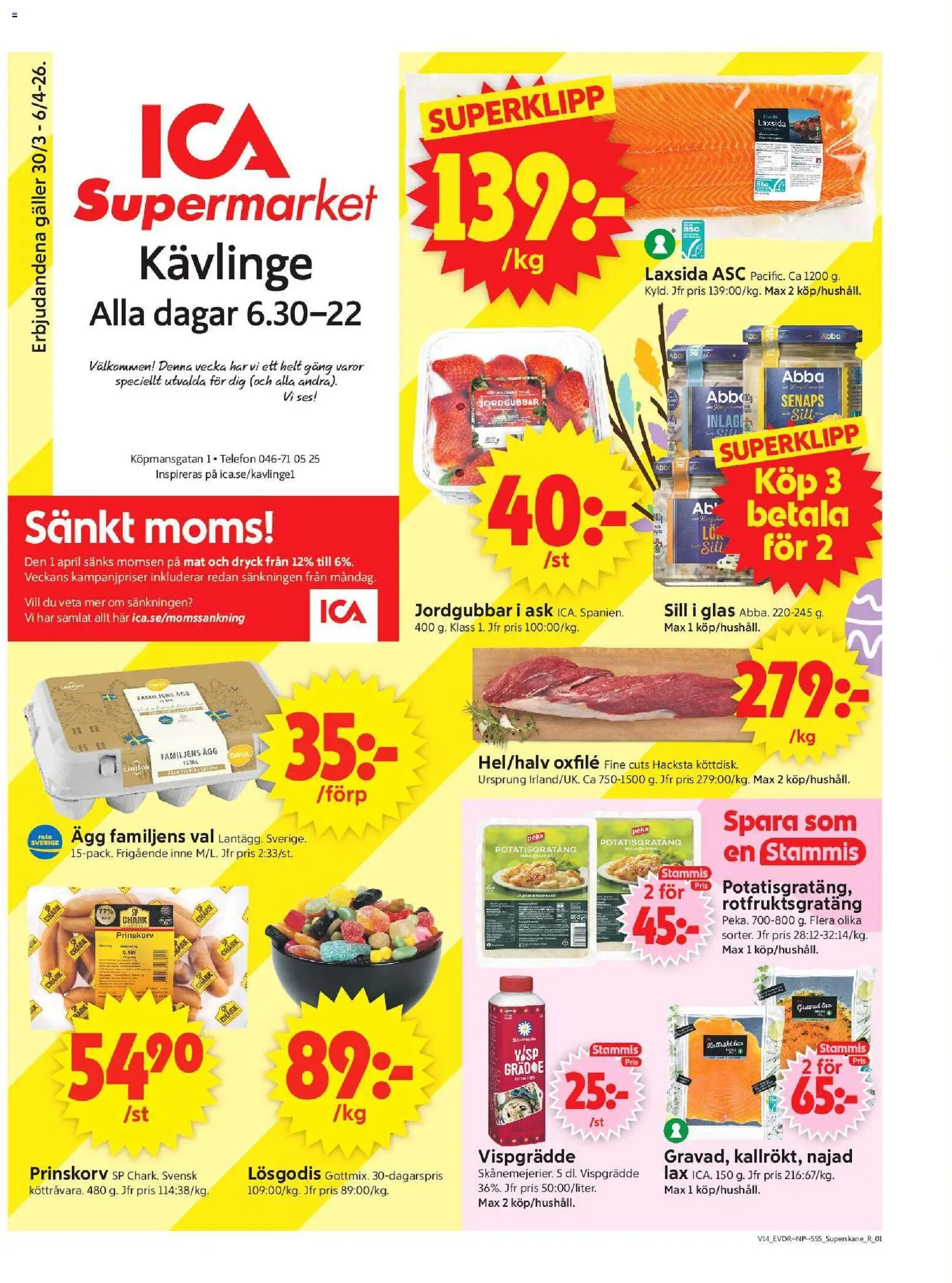 Förhandsgranska reklamblad Kävlinge från butik ICA Supermarket gäller från 30/03/2026 - Glas, Potatisgratäng, Telefon, Lax, Sill, Prinskorv, Visp, Oxfilé