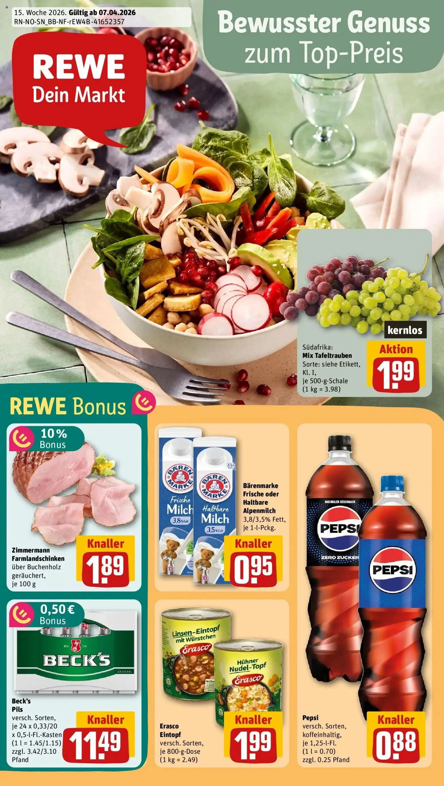 Vorschau von dem Prospekt des Geschäftes Rewe, gültig ab dem 05.04.2026 - Cola, Milch, Zucker, Pepsi, Haltbare milch, Pils, Erasco
