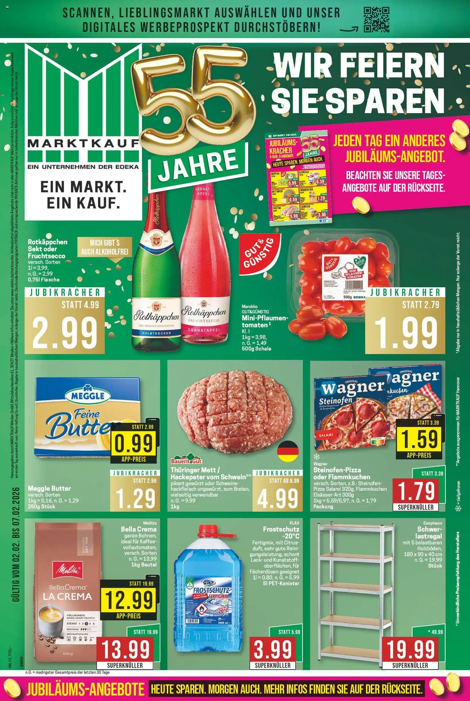 Vorschau von dem Prospekt des Geschäftes Marktkauf, gültig ab dem 02.02.2026 - Pizza, Butter, Äpfel, Granatapfel, Rotkäppchen, Hackfleisch, Tomaten, Meggle butter