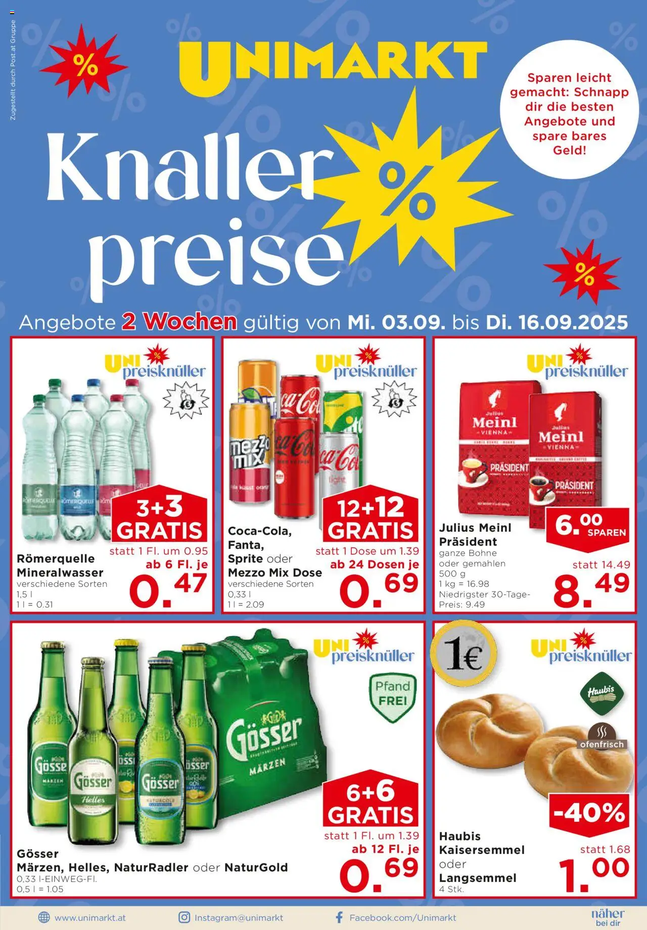  Unimarkt Flugblatt ab (03.09.2025 - 16.09.2025) - Seite 1 - Mineralwasser, Bohne