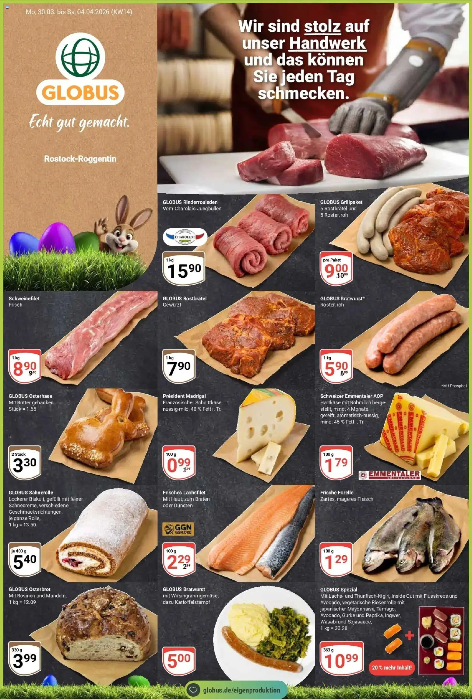 Vorschau von dem Prospekt des Geschäftes Globus, gültig ab dem 30.03.2026 - Butter, Bratwurst, Lachs, Rinderrouladen, Fleisch, Schweinefilet, Rosinen
