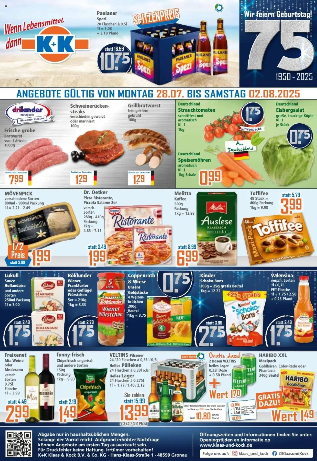 Klaas & Kock Prospekt (vom 28.07.2025 - 02.08.2025) - Pizza, Kaffee, Paulaner spezi, Toffifee, Eisbergsalat, Freixenet, Valensina, Helles pulleken