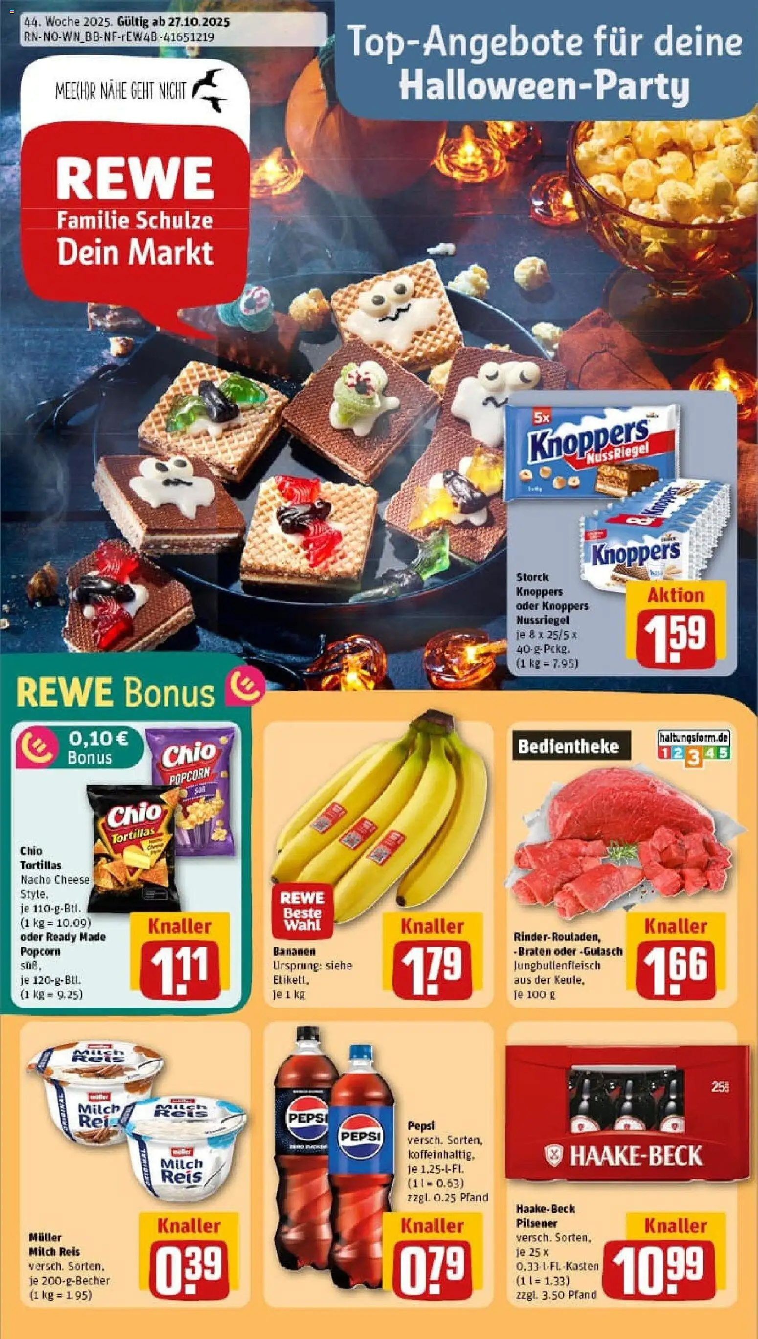 Vorschau von dem Prospekt des Geschäftes Rewe, gültig ab dem 26.10.2025 - Gulasch, Bananen, Milch, Reis, Popcorn, Knoppers, Pepsi, Chio tortillas