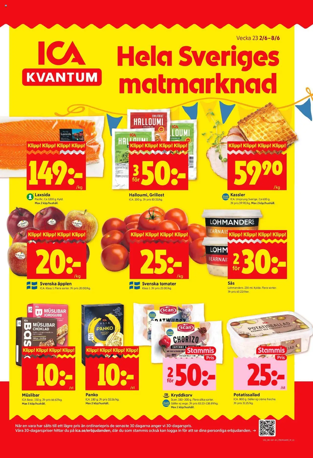 Solna är giltig 02/06 2025 > Veckans Erbjudanden gäller från 02/06/2025 till 08/06/2025 sidnummer 1 - Potatissallad, Kassler, Grillost, Galler, Halloumi, Müslibar, Choklad, Äpplen
