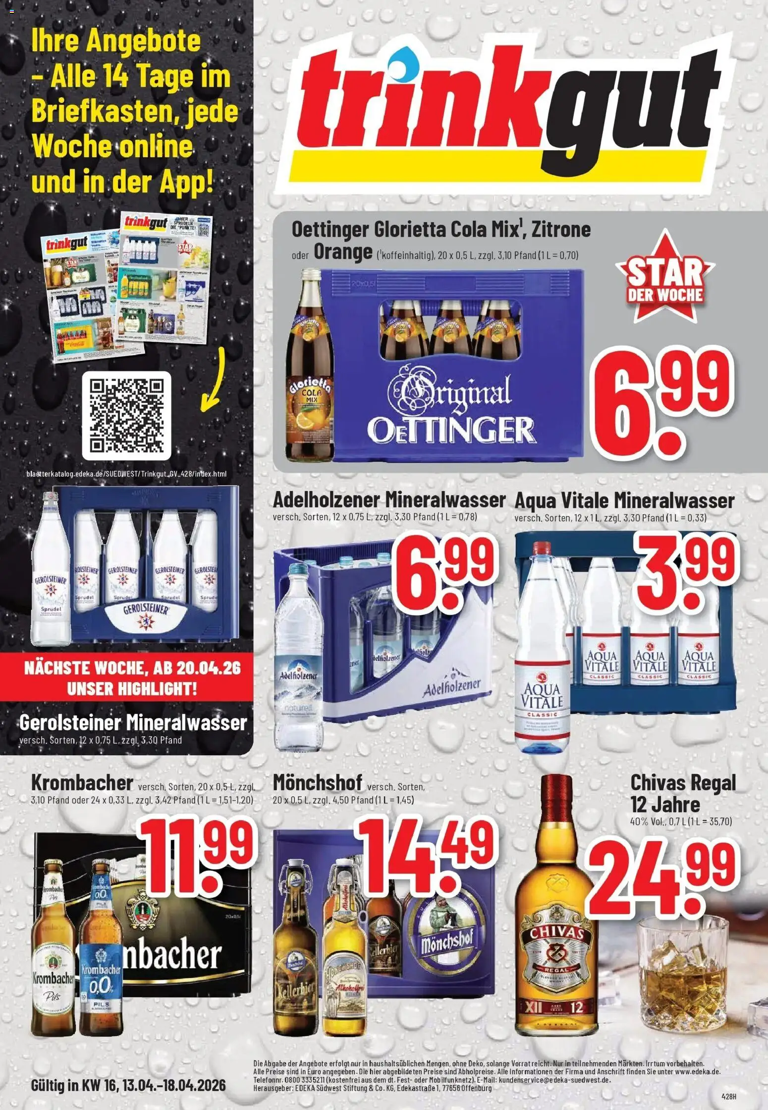 Vorschau von dem Prospekt des Geschäftes Trinkgut, gültig ab dem 12.04.2026 - Regal, Mineralwasser, Gerolsteiner, Krombacher, Zitrone, Oettinger, Adelholzener, Monchshof