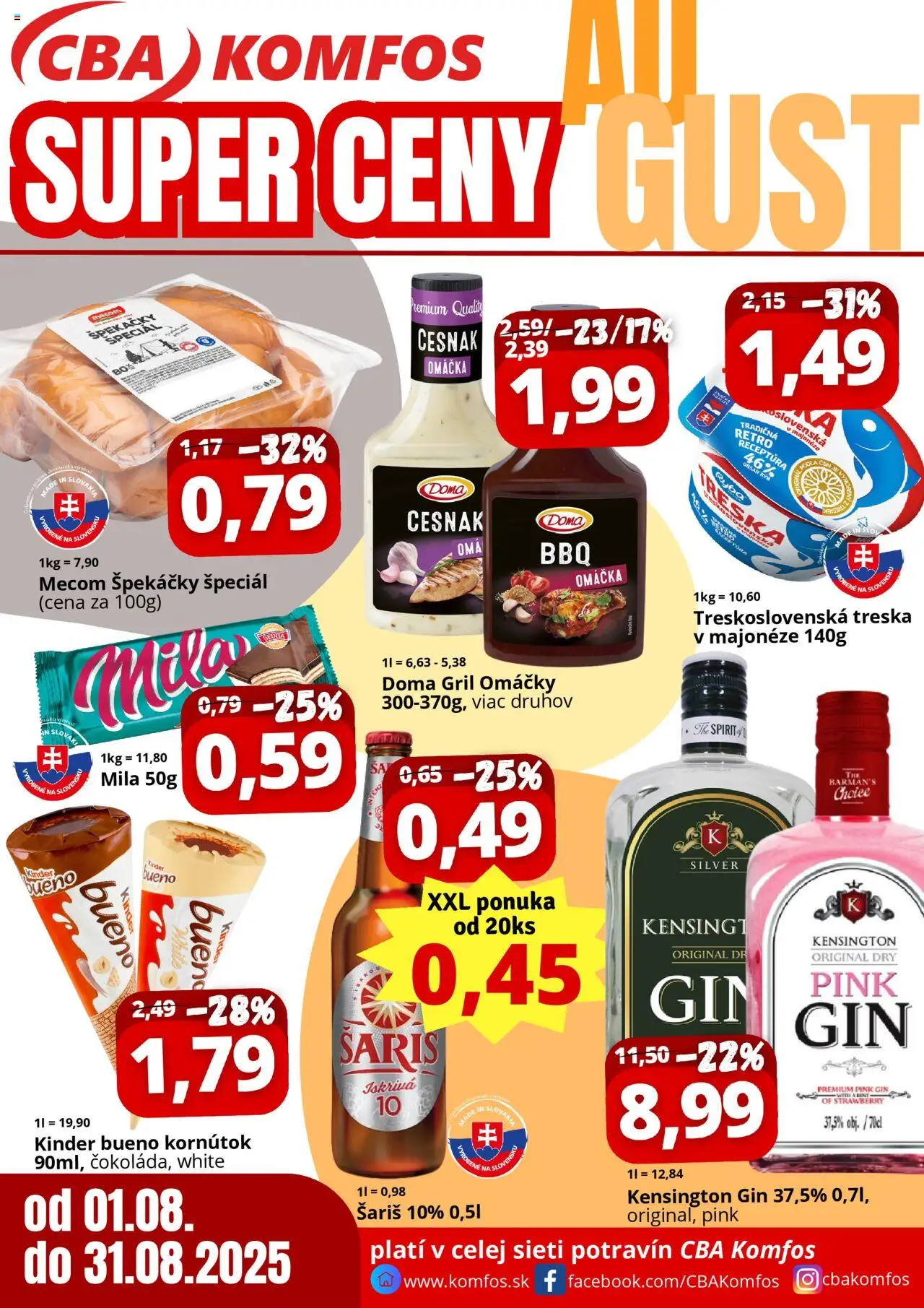 CBA Komfos Super ceny (01.08. - 31.08.2025) - Akčná ponuka - Ryba, Gril, Kinder, Cesnak, Kinder Bueno, Mila, Šariš, Omáčka
